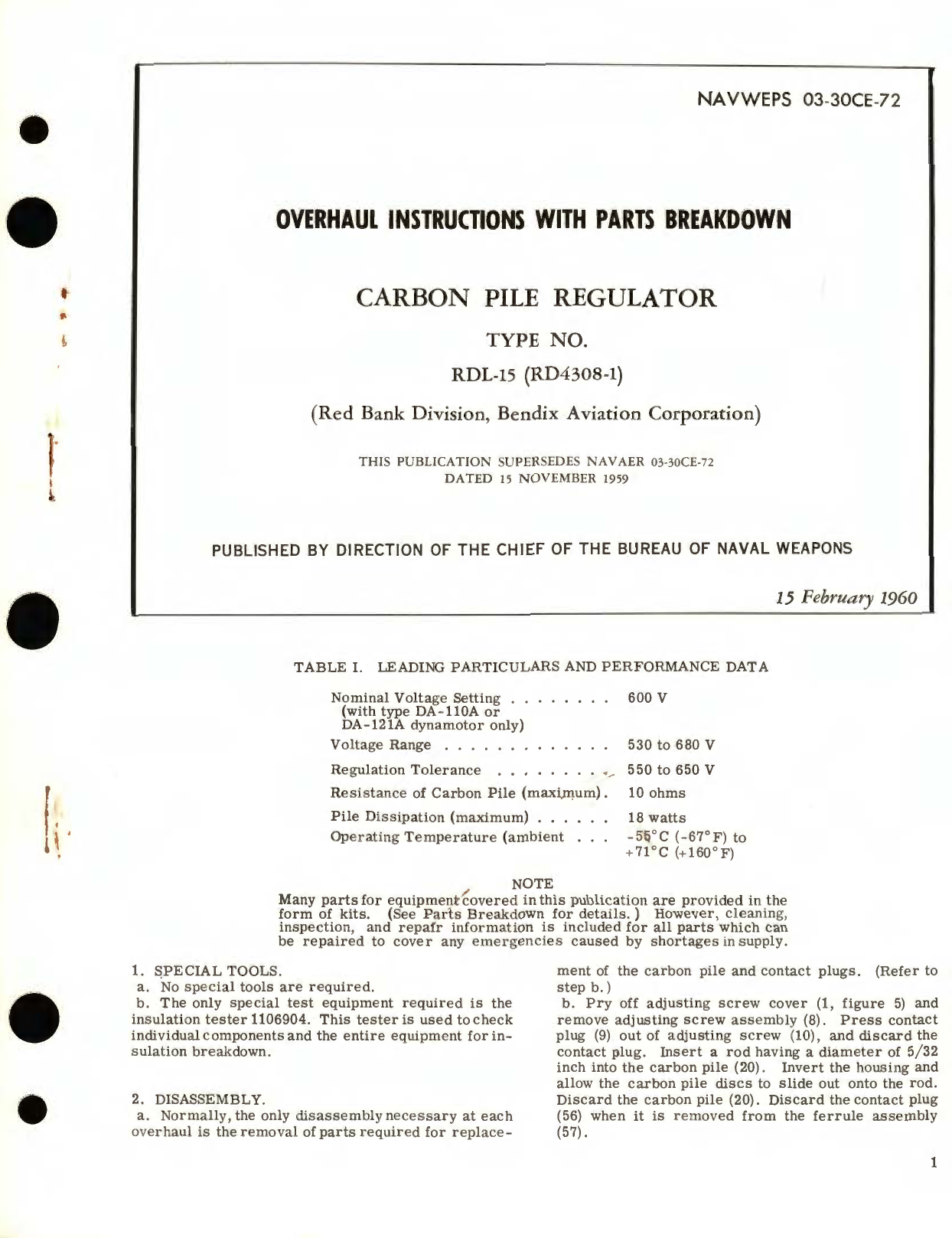 Sample page 1 from AirCorps Library document: Overhaul Instructions with Parts Breakdown for Carbon Pile Regulator Type No. RDL-15 (RD4308-1) 