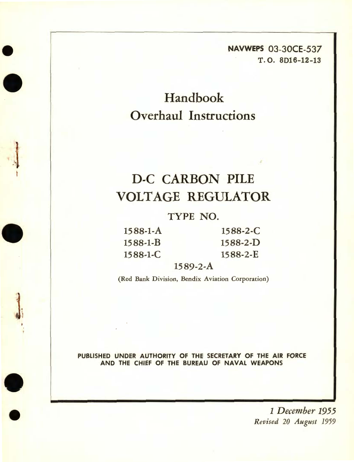 Sample page 1 from AirCorps Library document: Illustrated Parts Breakdown for D-C Carbon Pile Voltage Regulator Type No. 1588, 1589 