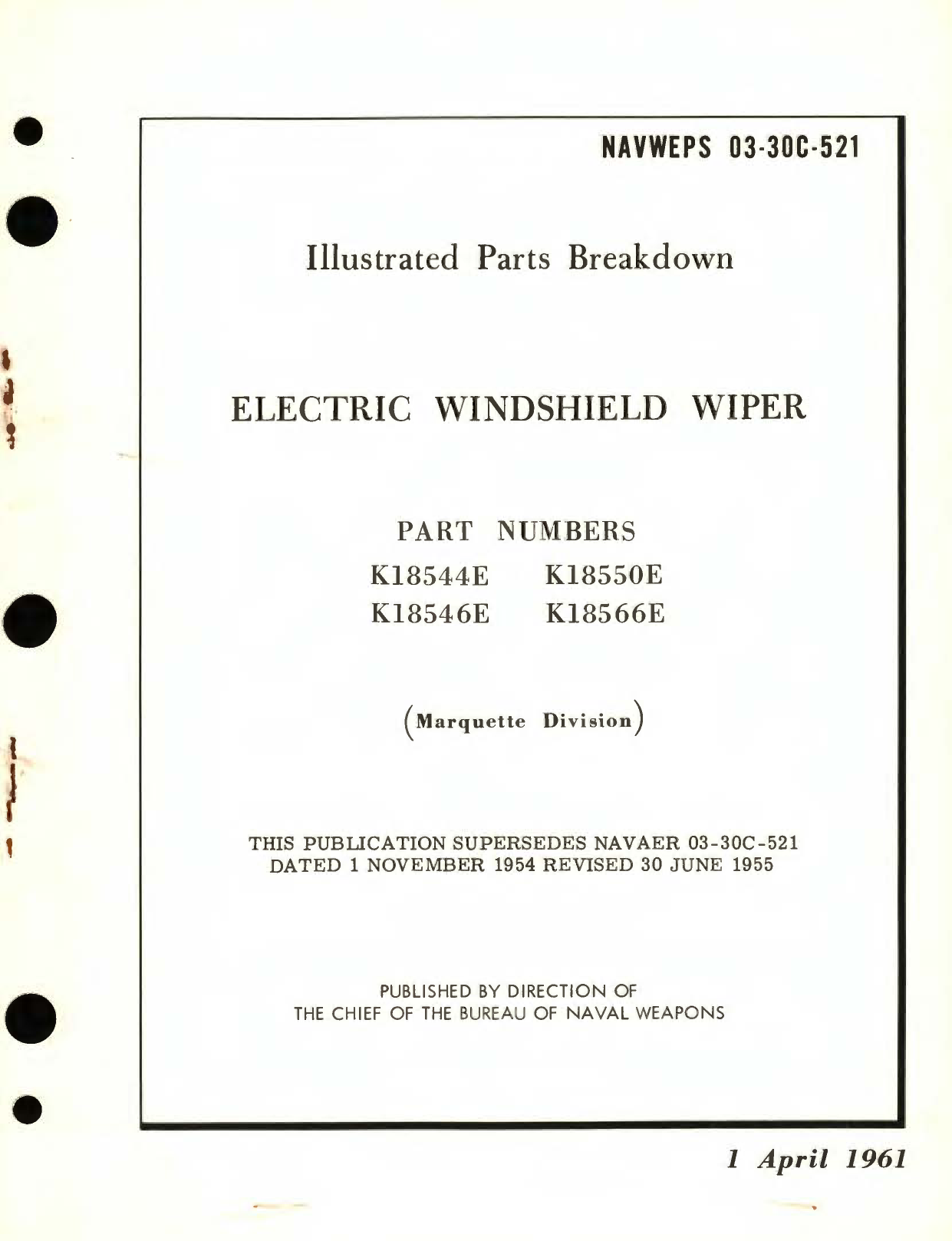 Sample page 1 from AirCorps Library document: Illustrated Parts Breakdown for Electric Windshield Wiper for Part No. K18544E, K18550E 