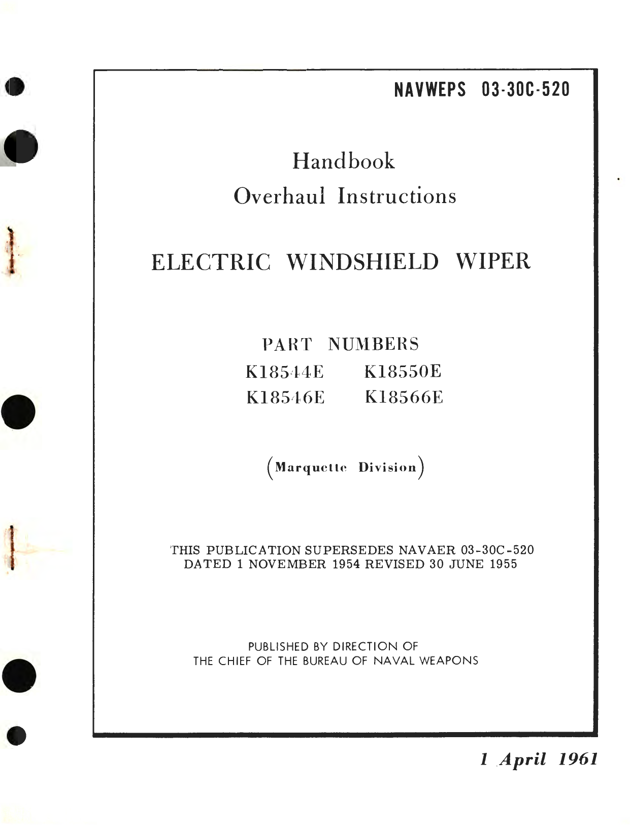 Sample page 1 from AirCorps Library document: Overhaul Instructions for Electric Windshield Wiper Part No. K18544E, K18550E 