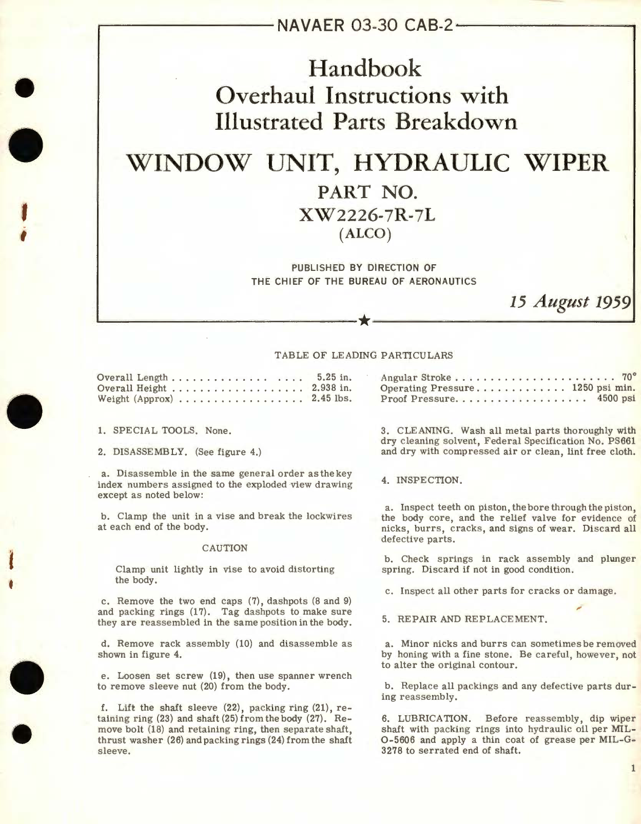 Sample page 1 from AirCorps Library document: Overhaul Instructions with Parts Breakdown for Window Unit, Hydraulic Wiper Part No. XW2226-7R-7L 