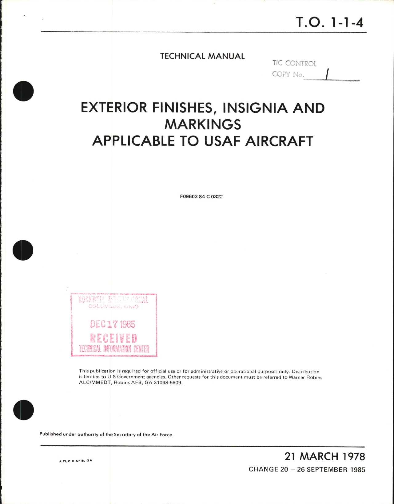 Sample page 1 from AirCorps Library document: Exterior Finishes, Insignia and Markings for USAF Aircraft - Change - 20