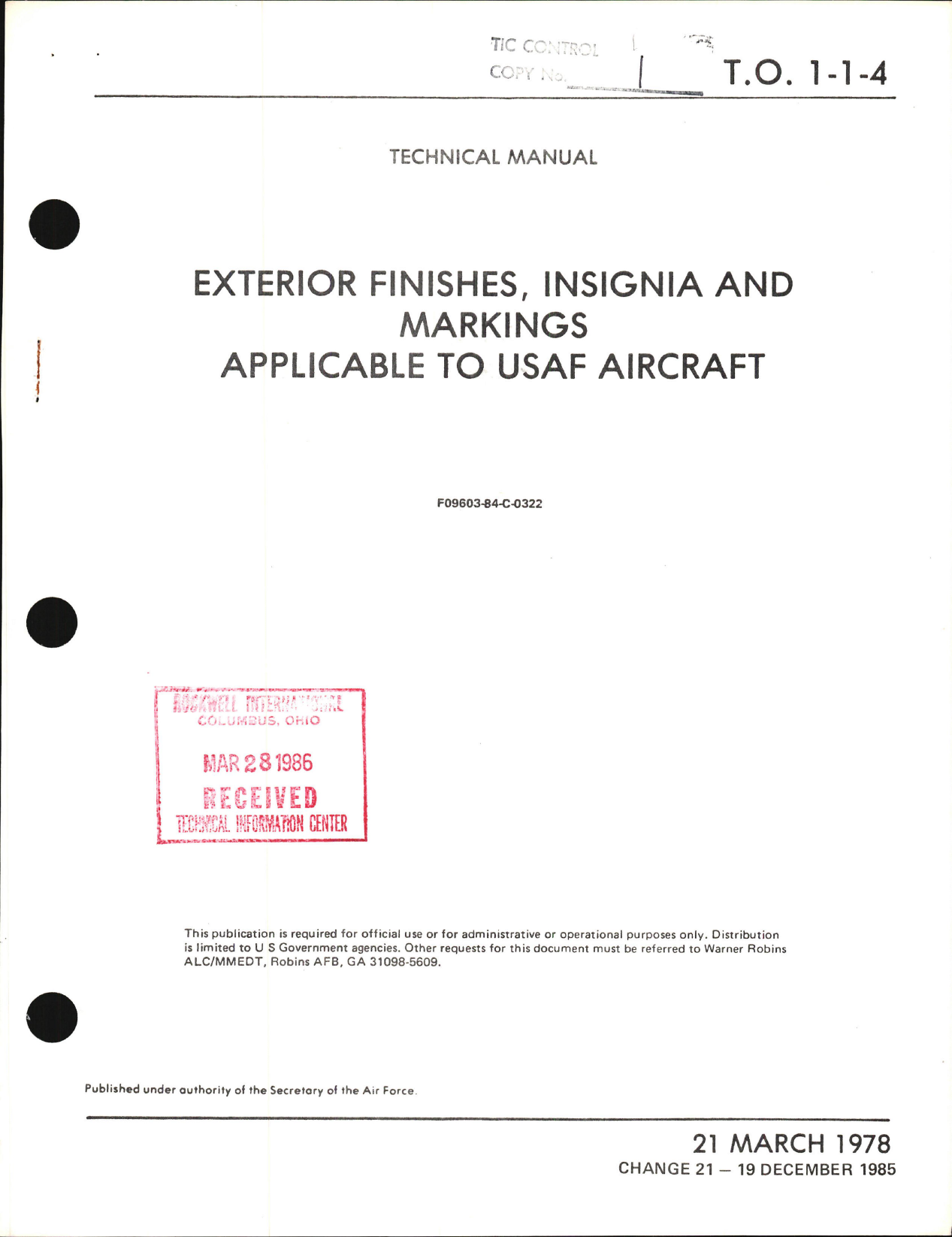 Sample page 1 from AirCorps Library document: Exterior Finishes, Insignia and Markings for USAF Aircraft - Change - 21