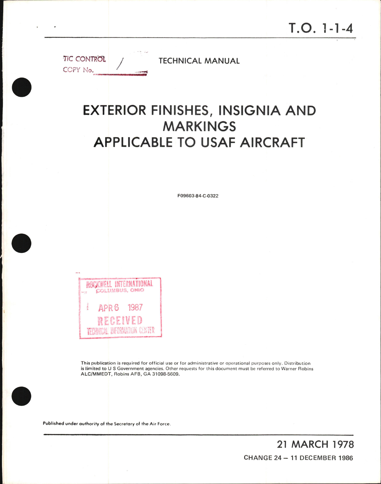 Sample page 1 from AirCorps Library document: Exterior Finishes, Insignia and Markings for USAF Aircraft - Change - 24