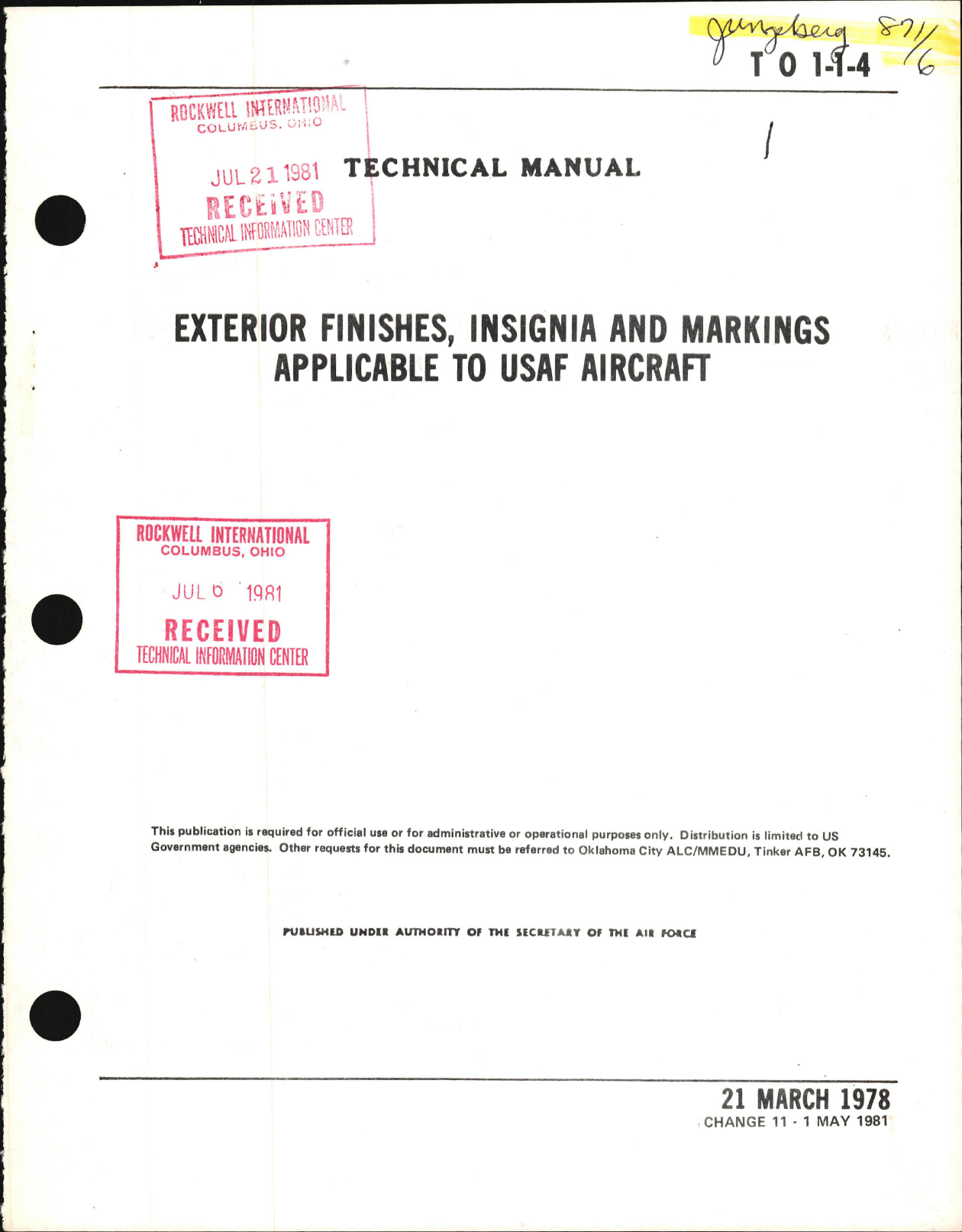 Sample page 1 from AirCorps Library document: Exterior Finishes, Insignia and Markings for USAF Aircraft - Change - 11