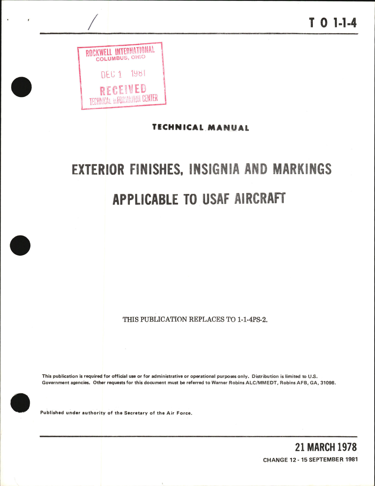 Sample page 1 from AirCorps Library document: Exterior Finishes, Insignia and Markings for USAF Aircraft - Change - 12
