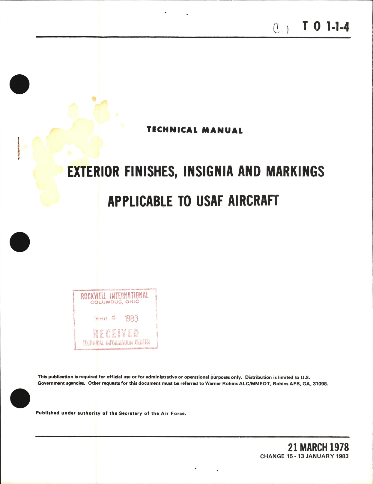 Sample page 1 from AirCorps Library document: Exterior Finishes, Insignia and Markings for USAF Aircraft - Change - 15