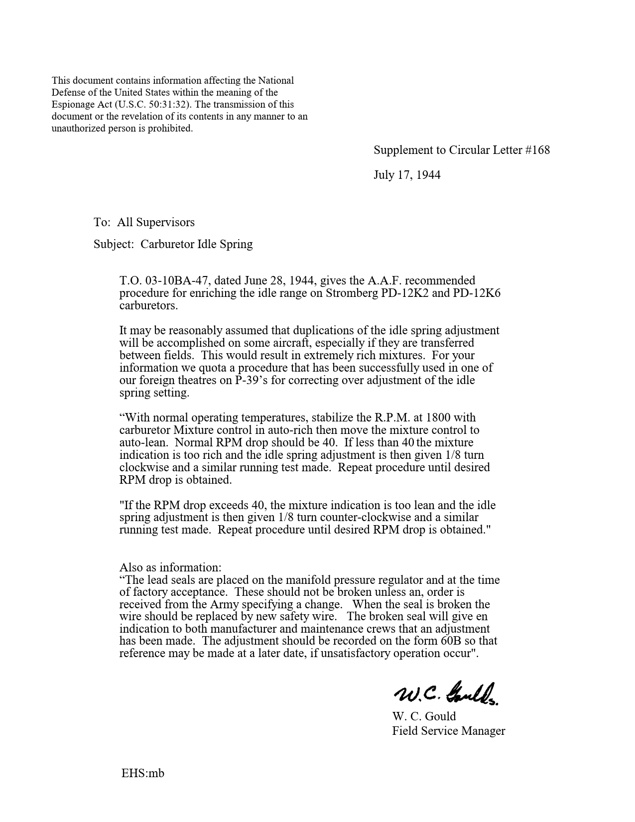 Sample page 1 from AirCorps Library document: Carburetor Idle Spring