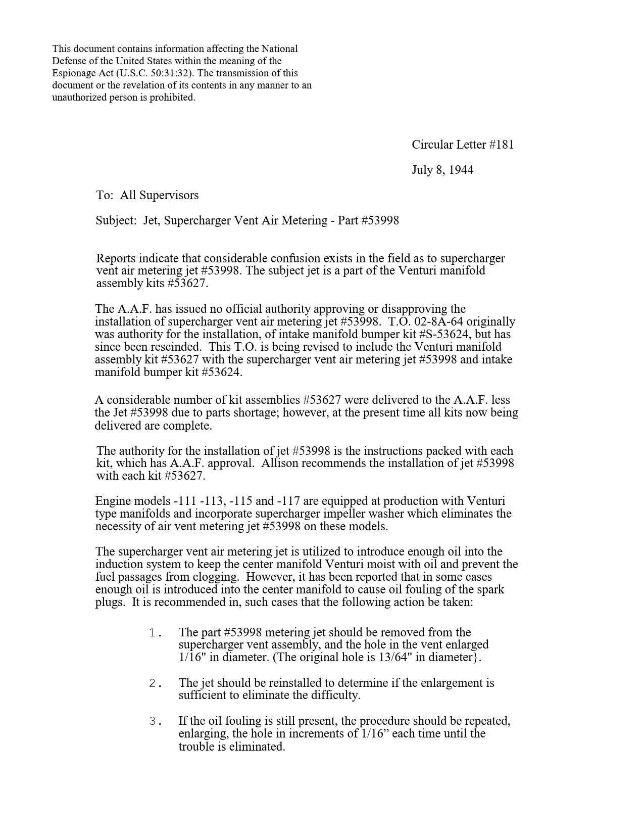 Sample page 1 from AirCorps Library document: Jet -  Supercharger Vent Air Metering - Part #53998