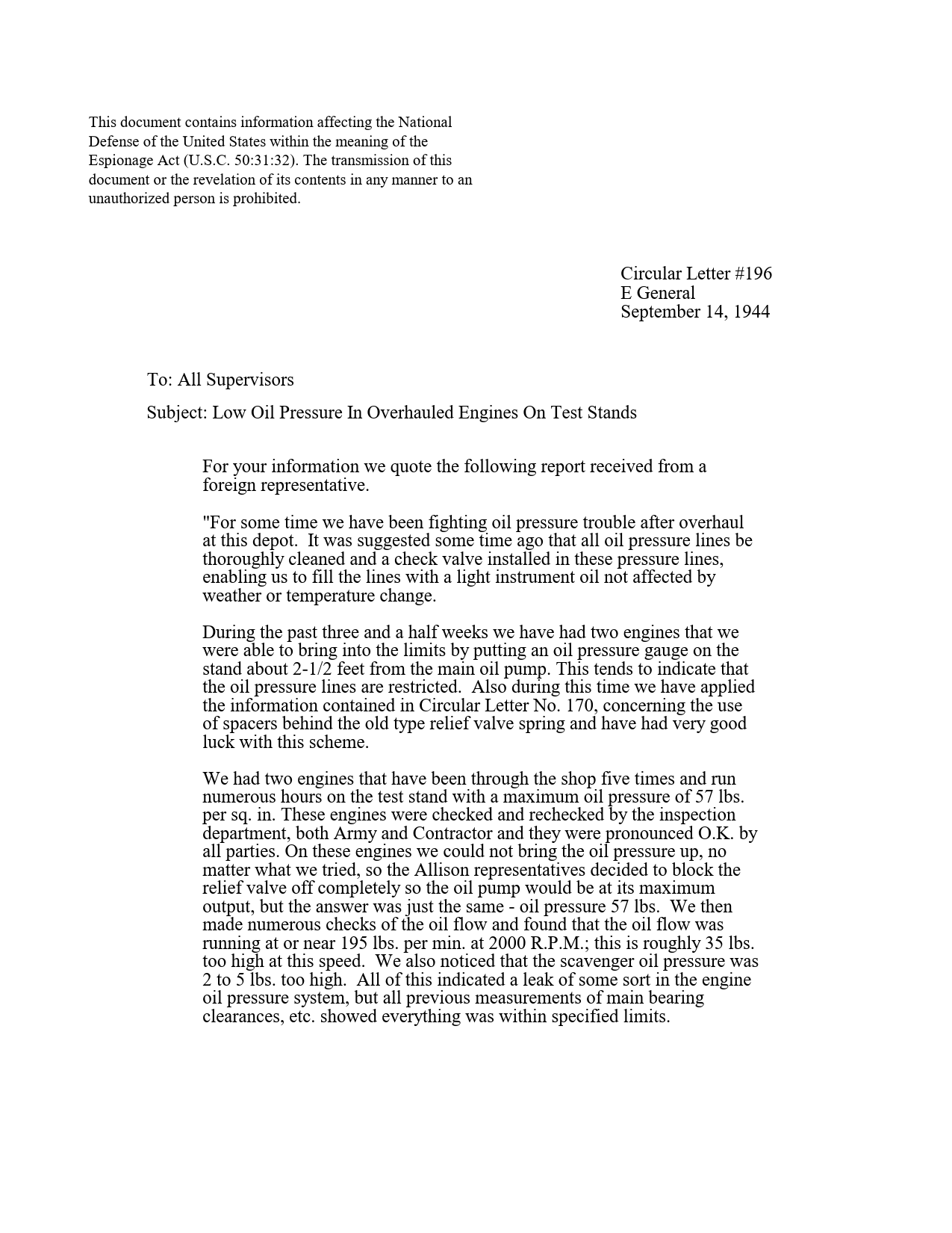 Sample page 1 from AirCorps Library document: Low Oil Pressure in Overhauled Engines on Test Stands