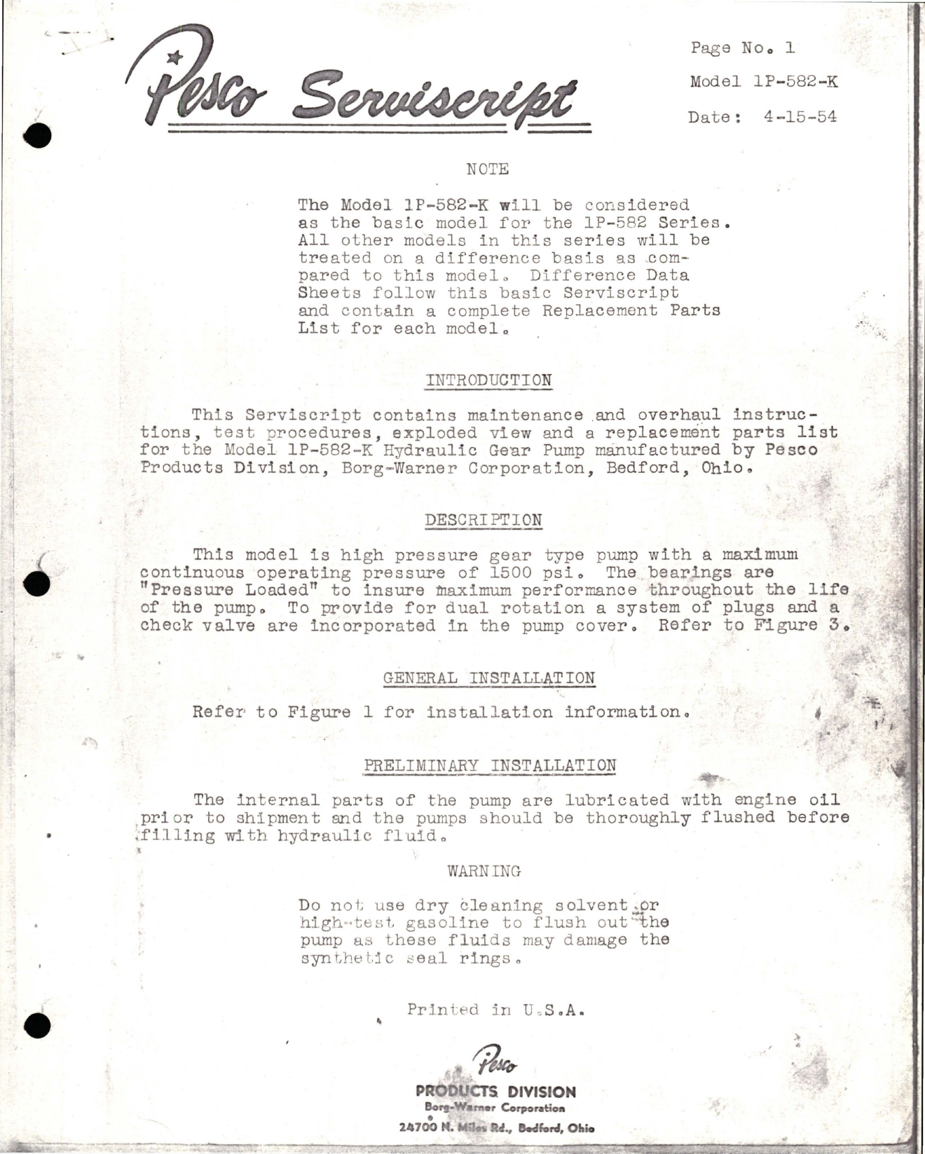 Sample page 1 from AirCorps Library document: Pesco Serviscript Maintenance and Overhaul Instructions with Test Procedures for Hydraulic Gear Pump - Model 1P-582-K