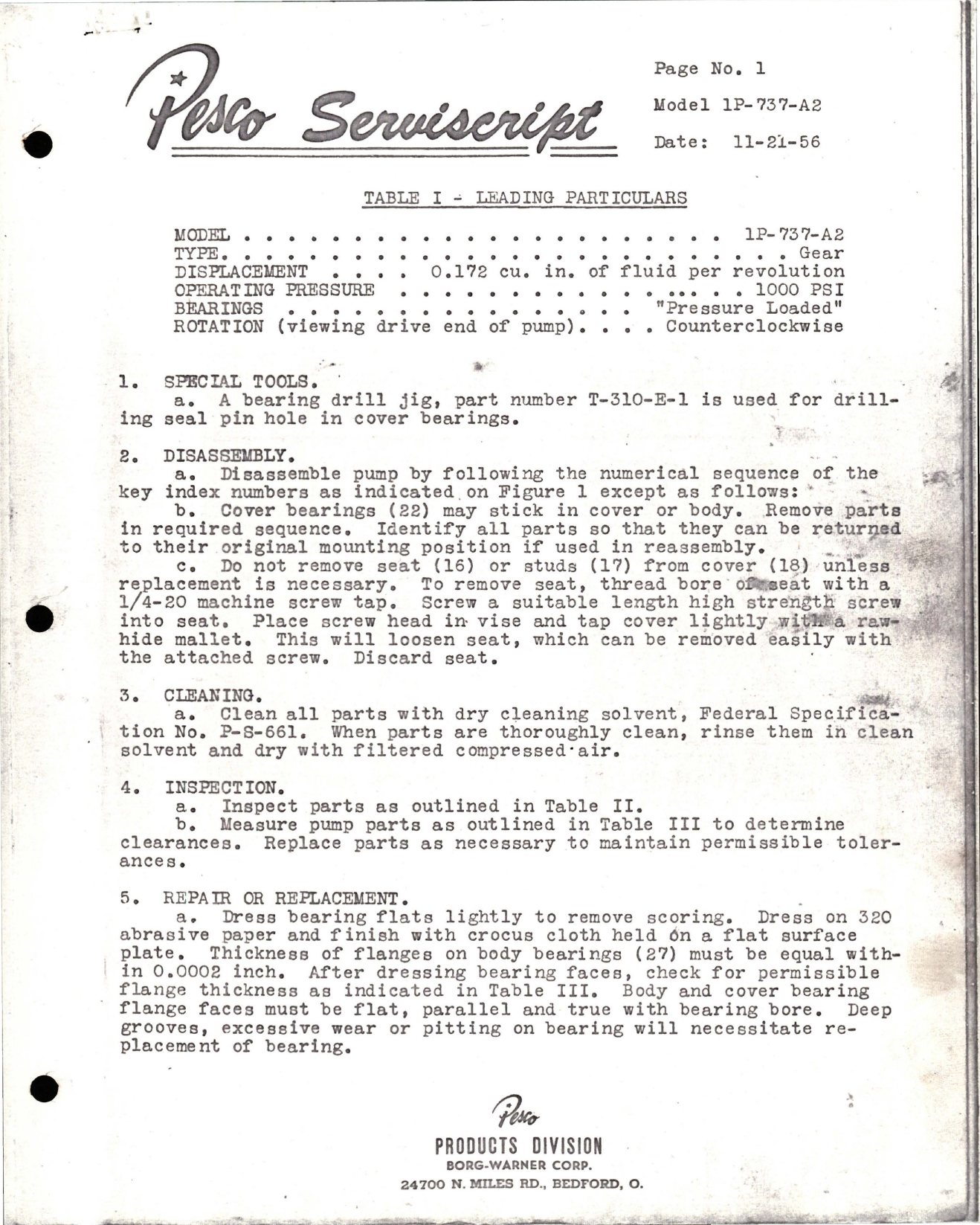 Sample page 1 from AirCorps Library document: Pesco Serviscript Instructions for Hydraulic Gear Pump - Model 1P-737-A2