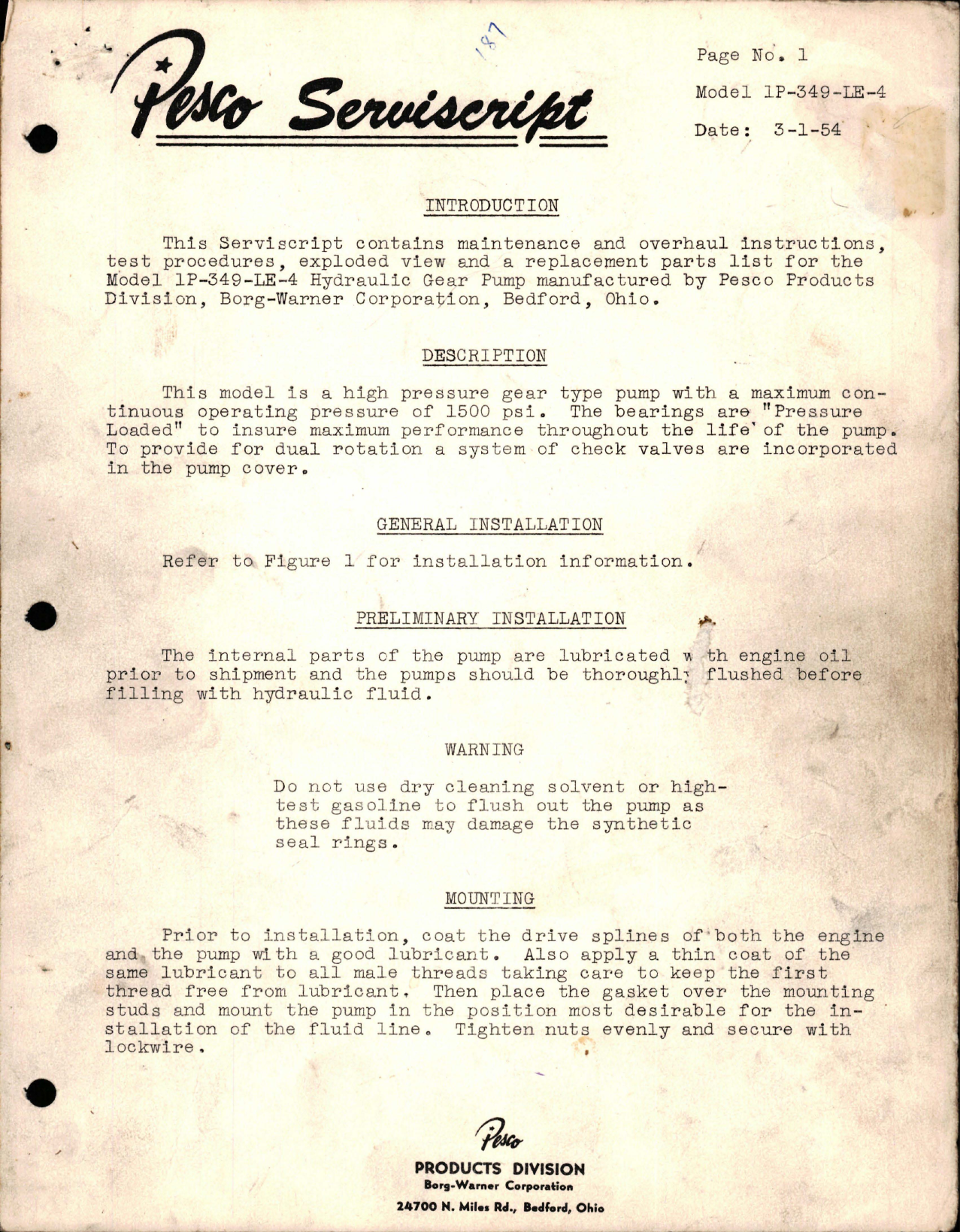 Sample page 1 from AirCorps Library document: Pesco Serviscript Maintenance and Overhaul Instructions for Hydraulic Gear Pump - Model 1P-349-LE-4