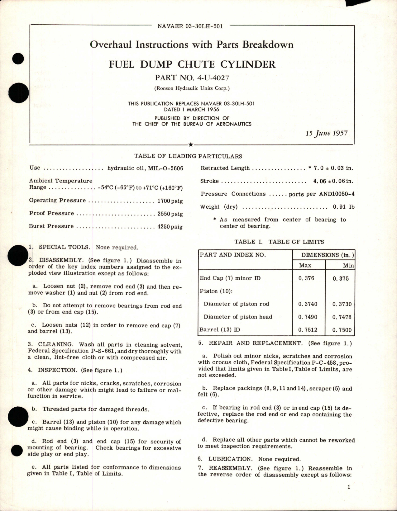 Sample page 1 from AirCorps Library document: Overhaul Instructions with Parts Breakdown for Fuel Dump Chute Cylinder - Part 4-U-4027