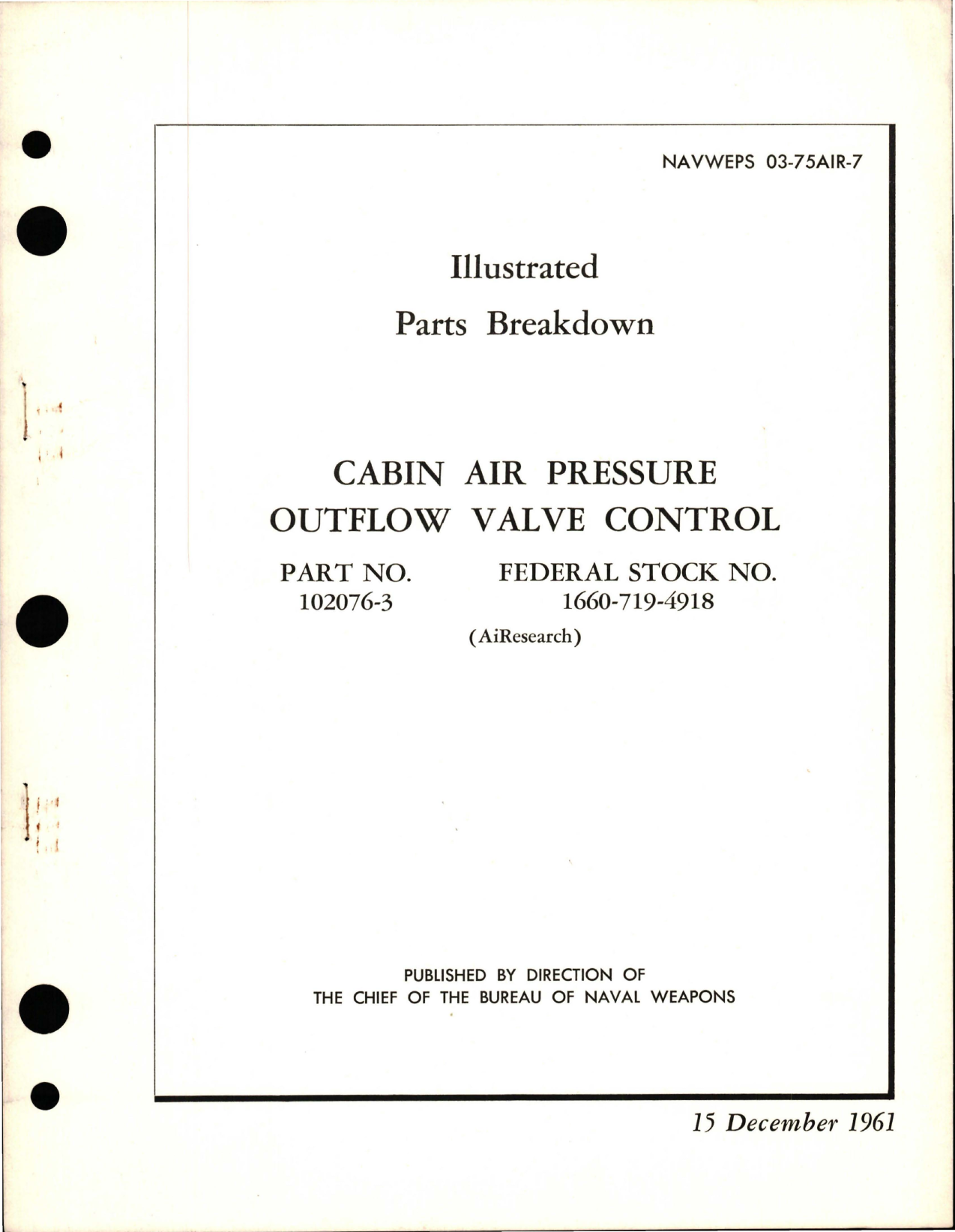 Sample page 1 from AirCorps Library document: Illustrated Parts Breakdown for Cabin Air Pressure Outflow Valve Control - Part 102076-3
