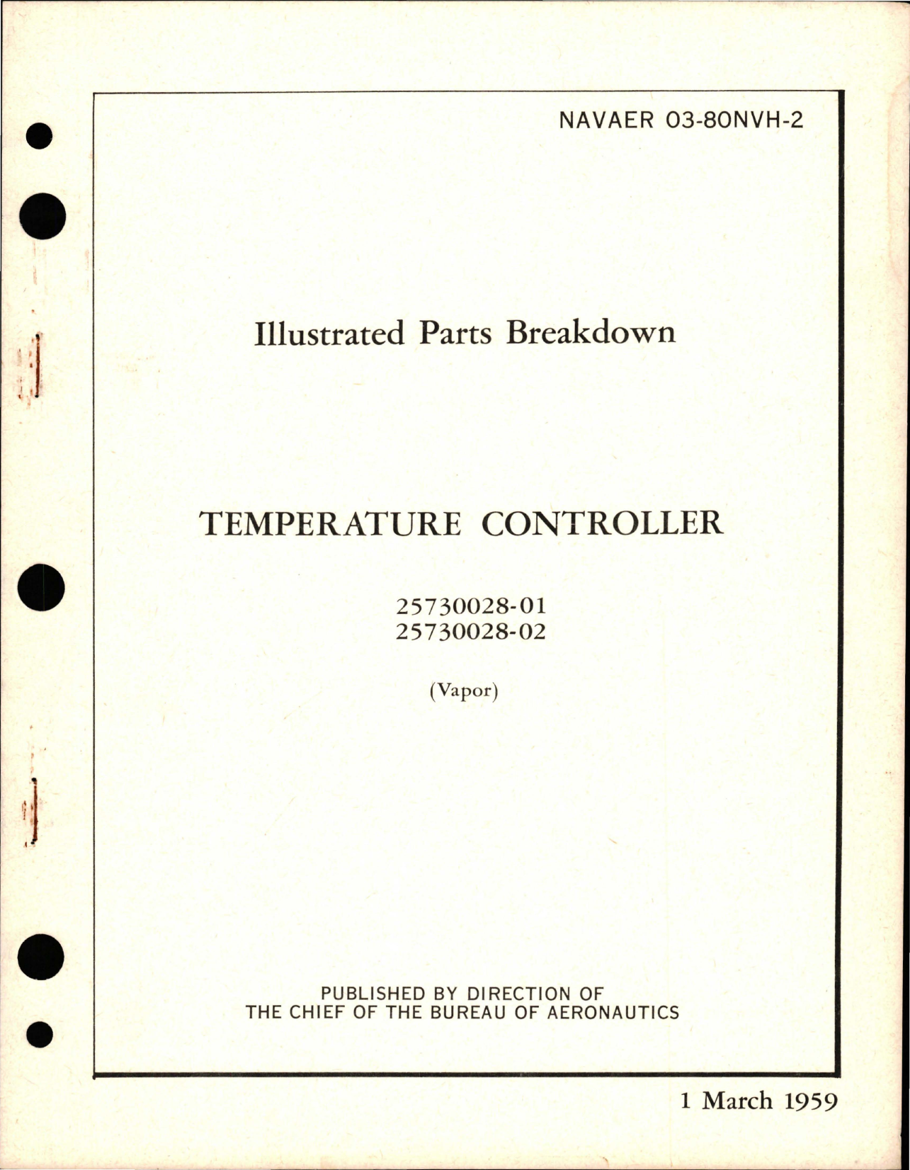 Sample page 1 from AirCorps Library document: Illustrated Parts Breakdown for Temperature Controller - Parts 25730028-01 and 25730028-02 