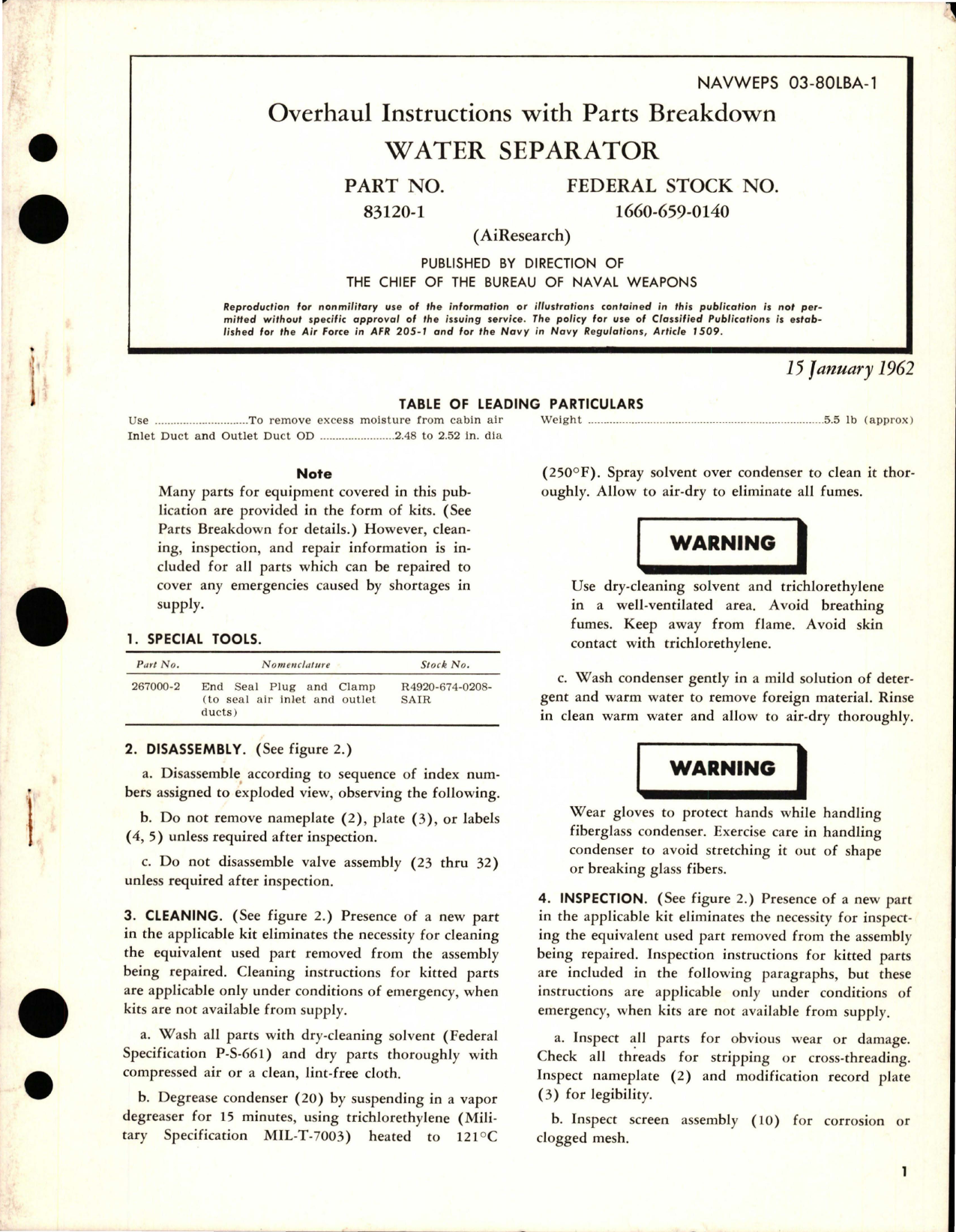 Sample page 1 from AirCorps Library document: Overhaul Instructions with Parts Breakdown for Water Separator - Part 83120-1