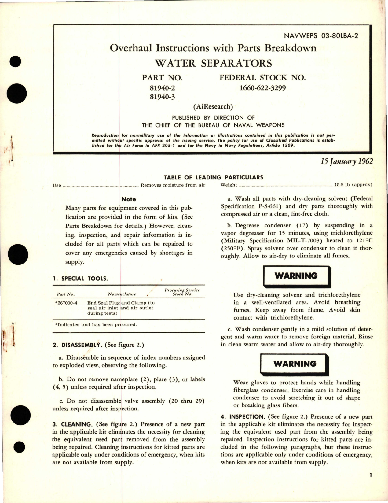 Sample page 1 from AirCorps Library document: Overhaul Instructions with Parts Breakdown for Water Separators - Parts 81940-2 and 81940-3 