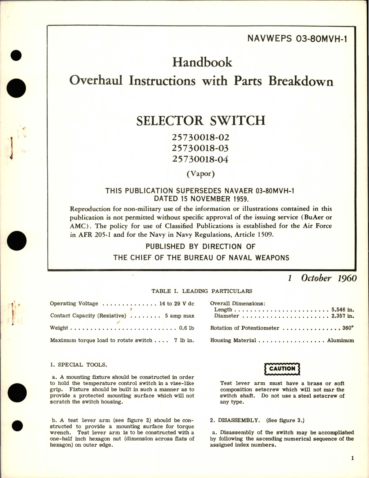 Sample page 1 from AirCorps Library document: Overhaul Instructions with Parts Breakdown for Selector Switch - Parts 25730018-02, 25730018-03, and 25730018-04