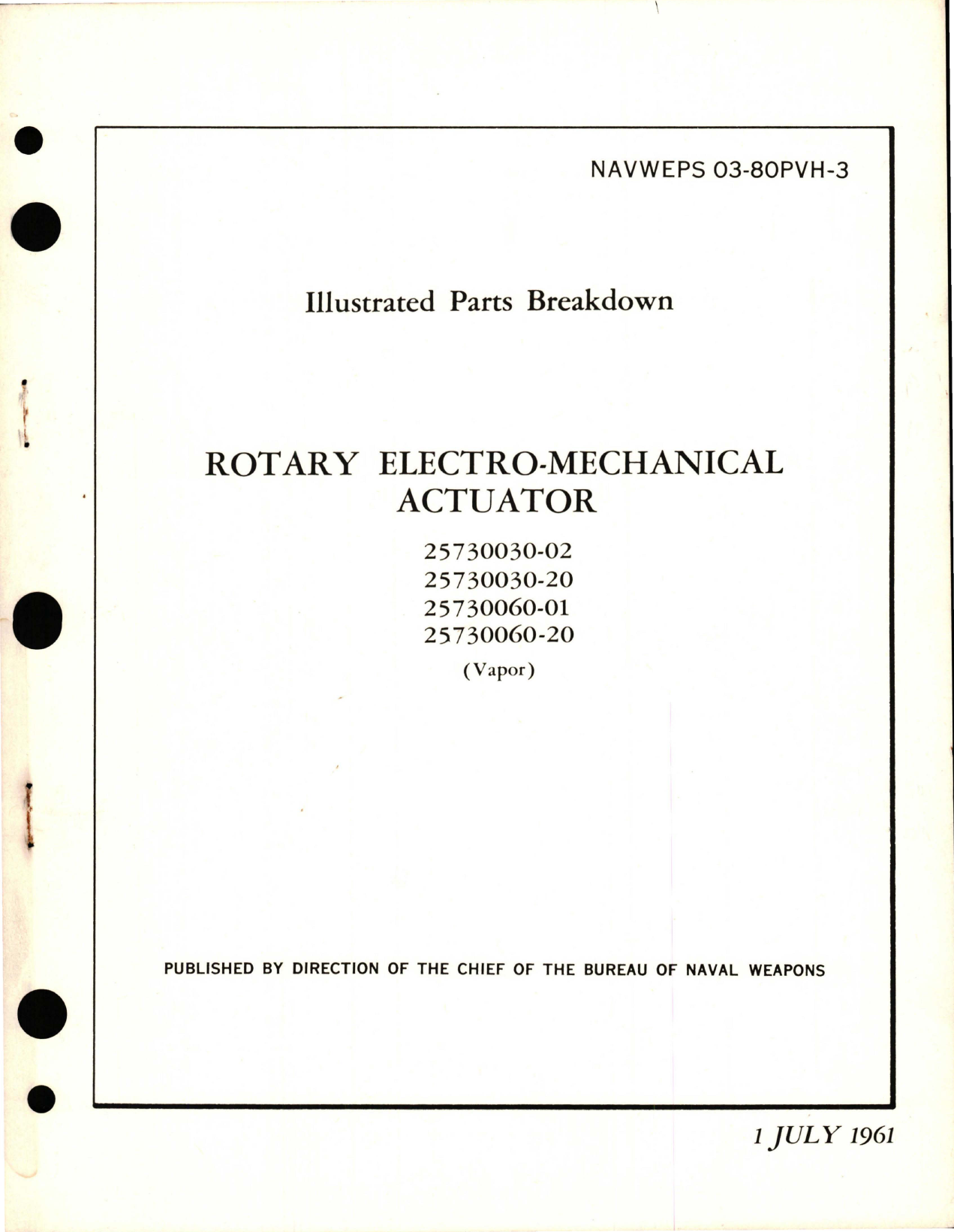 Sample page 1 from AirCorps Library document: Illustrated Parts Breakdown for Rotary Electro-Mechanical Actuator - Parts 25730030-02, 25730030-20, 25730060-01, and 25730060-20 