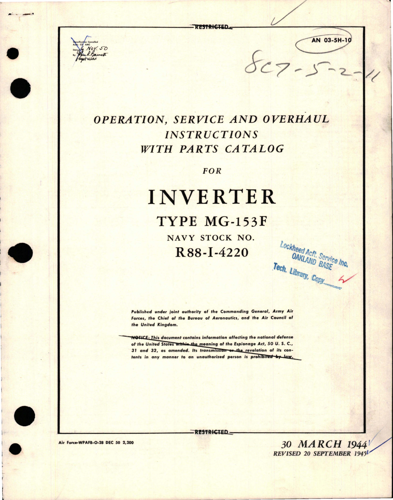 Sample page 1 from AirCorps Library document: Operation, Service & Overhaul Instructions with Parts Catalog for Inverter - Type MG-153F 