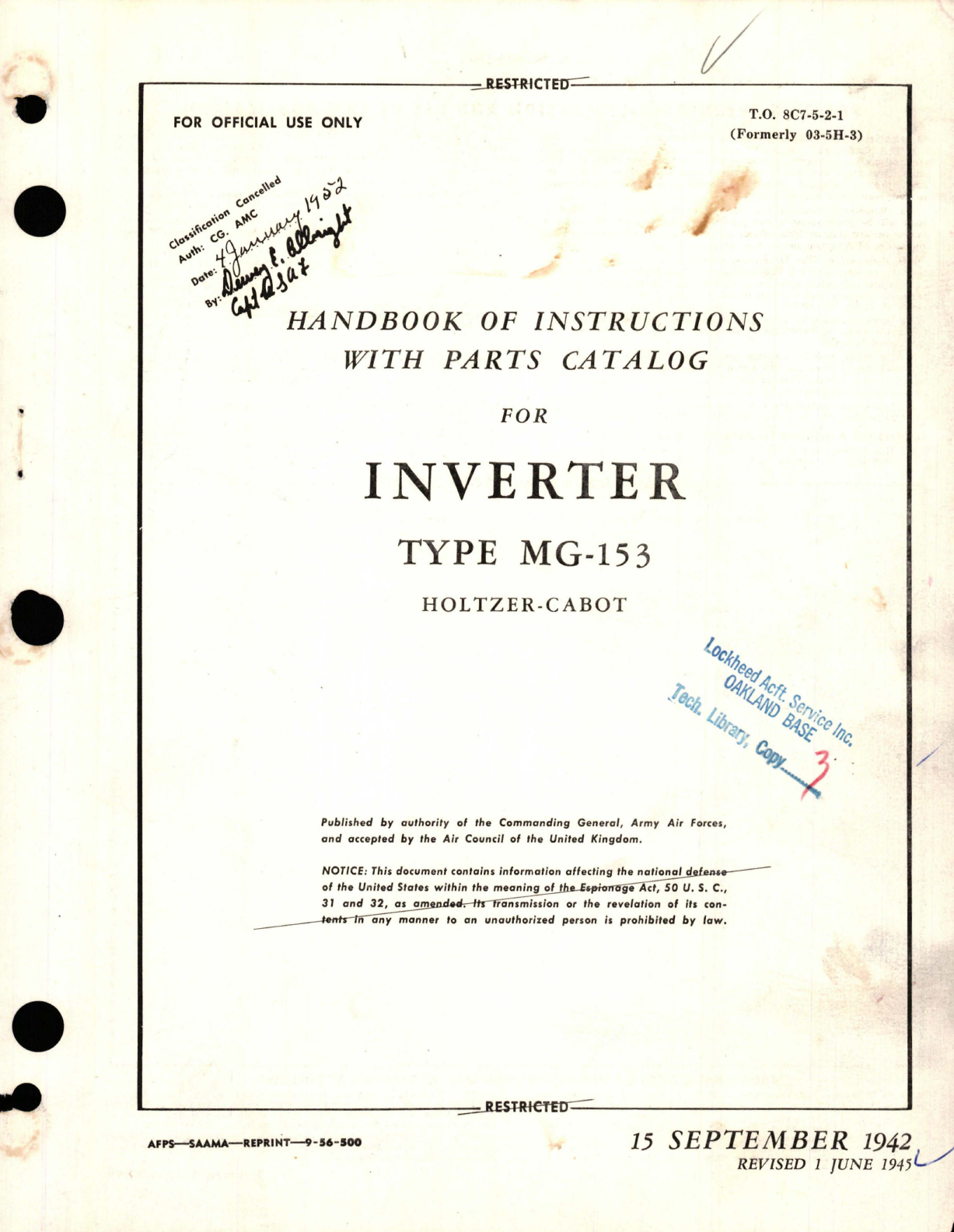 Sample page 1 from AirCorps Library document: Instructions with Parts Catalog for Inverter - Type MG-153 