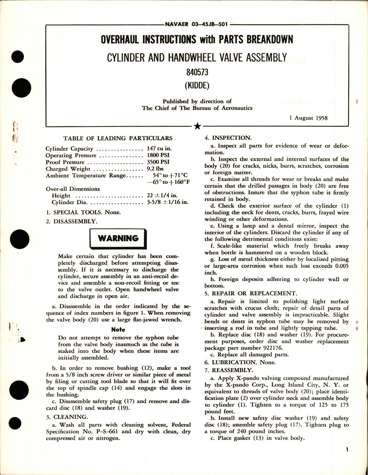 Sample page 1 from AirCorps Library document: Overhaul Instructions with Parts Breakdown for Cylinder and Handwheel Valve Assembly - 840573