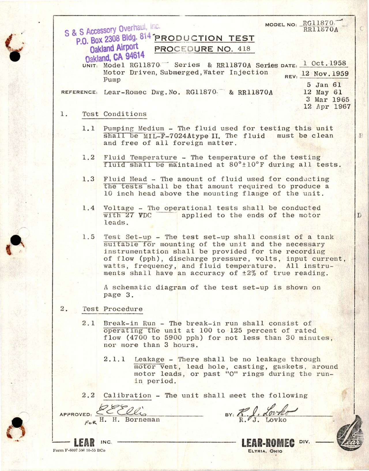 Sample page 1 from AirCorps Library document: Production Test Procedure for Motor Driven, Submerged, Water Injection Pump - Model RG11870 and RR11870A Series