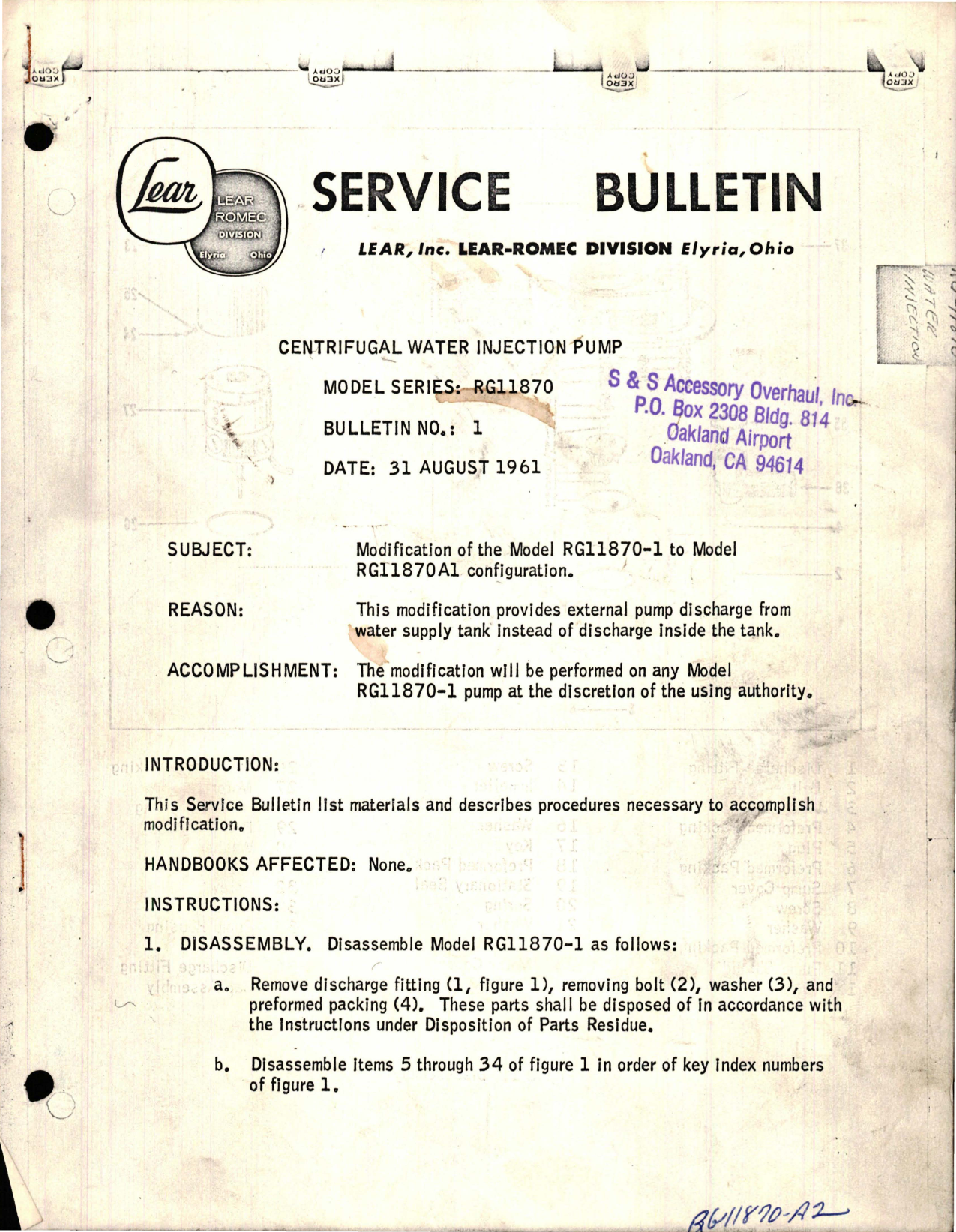 Sample page 1 from AirCorps Library document: Modification of Model RG11870-1 to Model RG11870A1 Centrifugal Water Injection Pump 