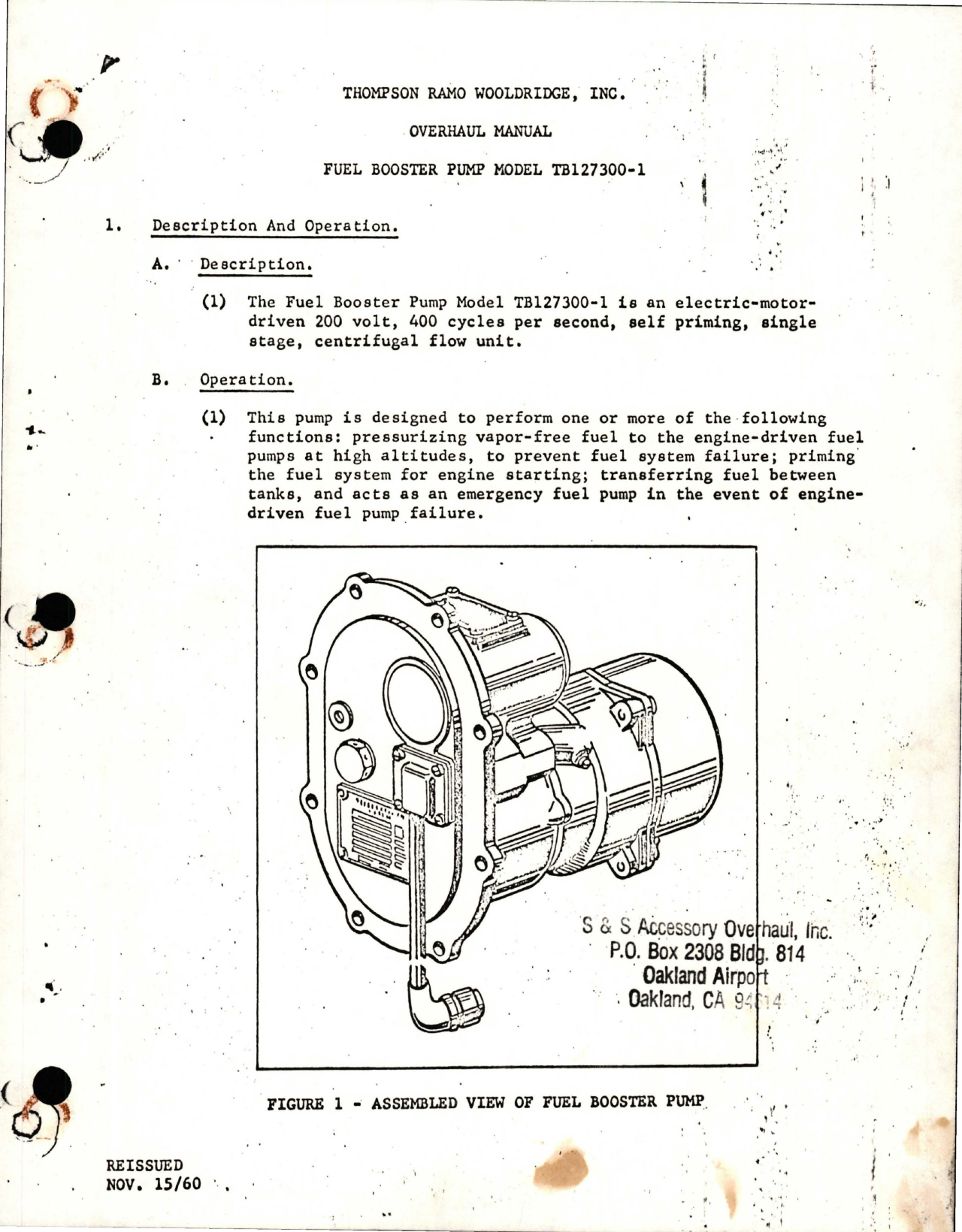 Sample page 1 from AirCorps Library document: Overhaul Manual for Fuel Booster Pump - Model TB127300-1