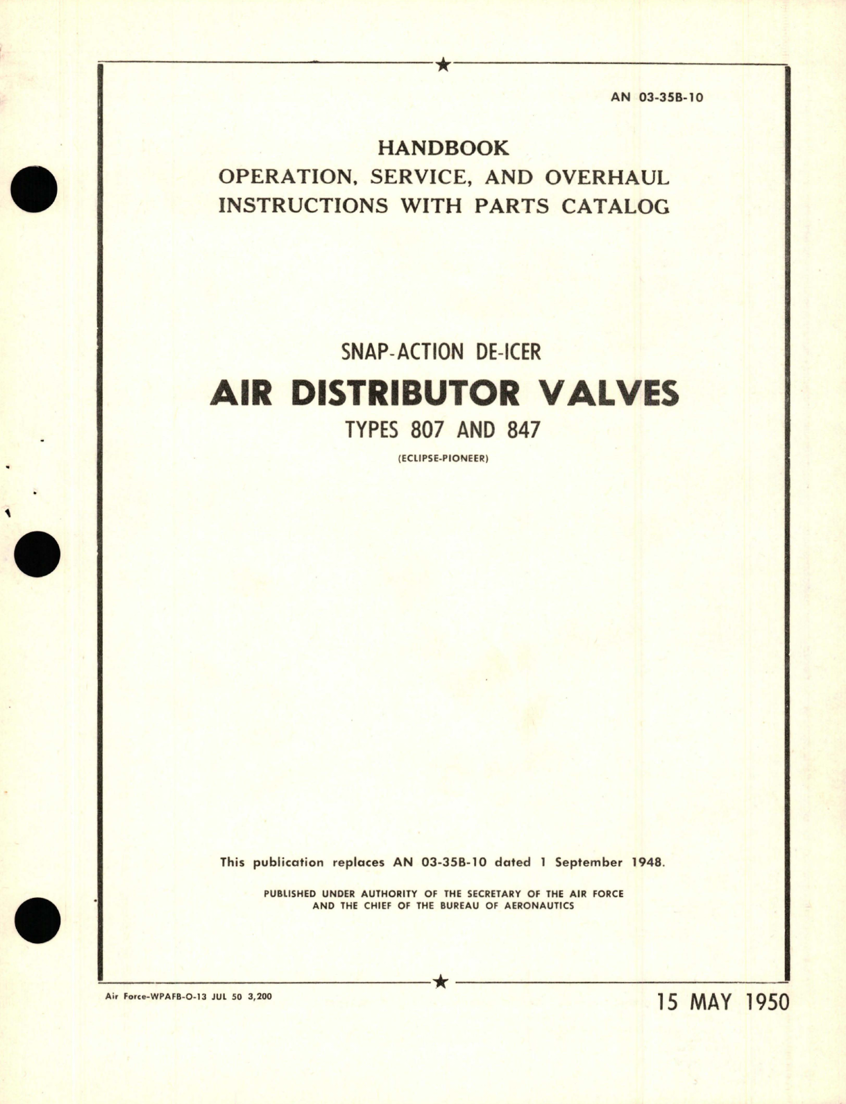 Sample page 1 from AirCorps Library document: Operation, Service, and Overhaul Instructions with Parts Catalog for Snap-Action De-Icer Air Distribution Valves - Types 807 and 847