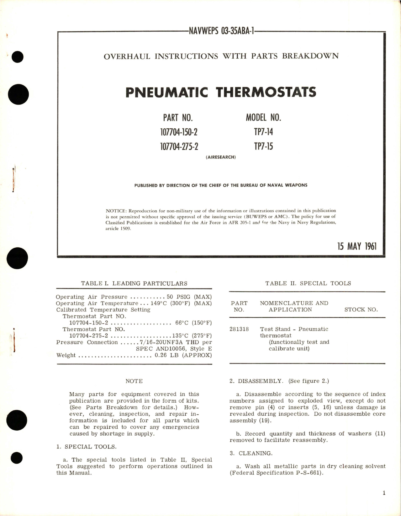 Sample page 1 from AirCorps Library document: Overhaul Instructions with Parts Breakdown for Pneumatic Thermostats - Parts 107704-150-2 and 107704-275-2
