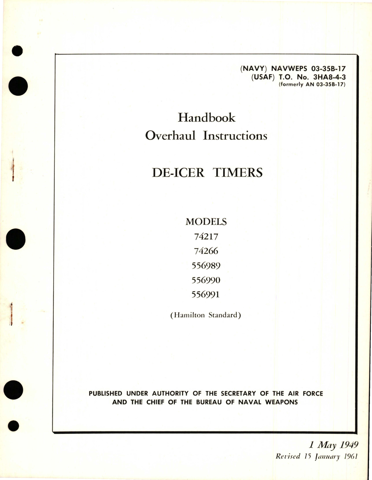 Sample page 1 from AirCorps Library document: Overhaul Instructions for De-Icer Timers - Models 74217, 74266, 556989, 556990, and 556991                                                                                                              