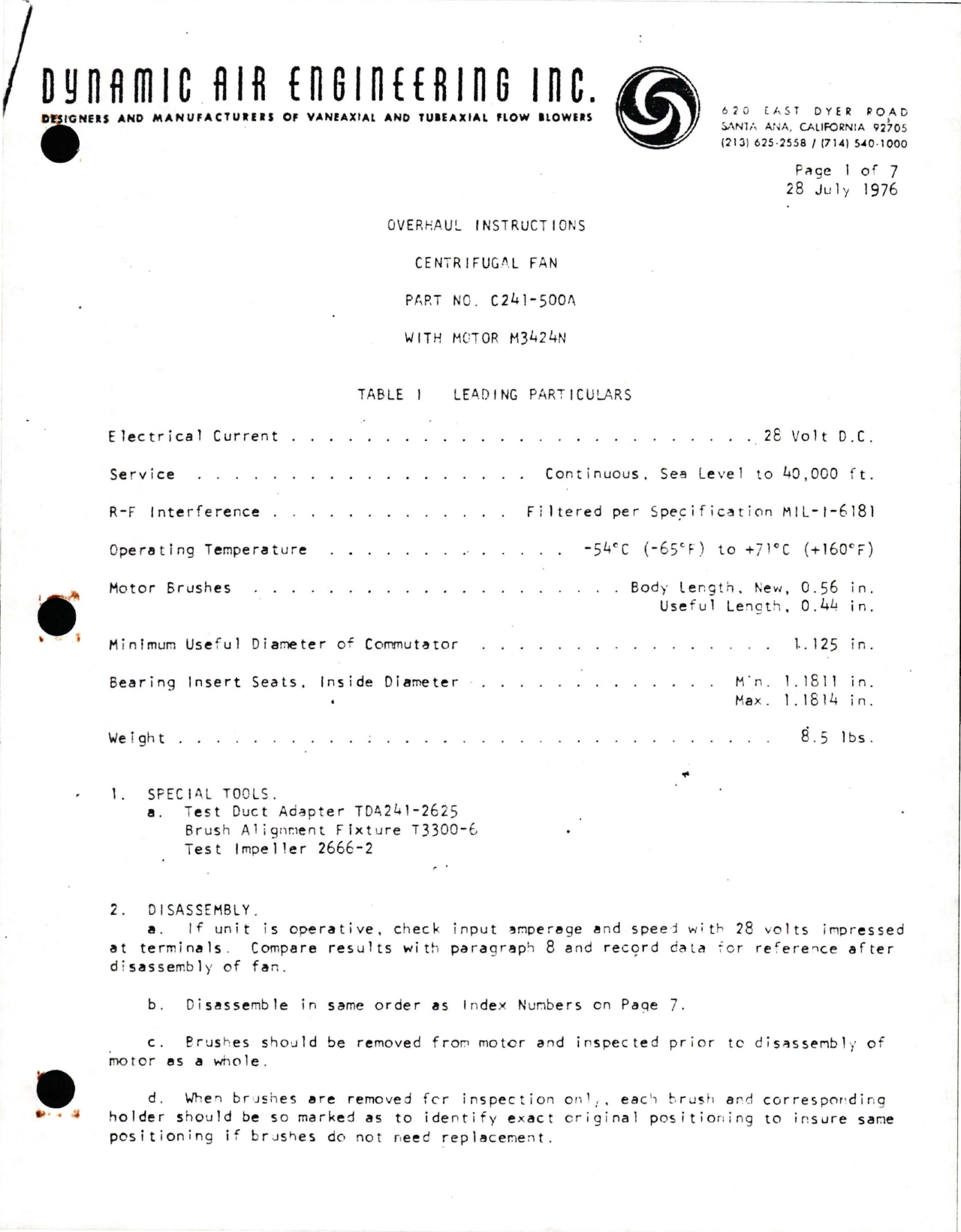 Sample page 1 from AirCorps Library document: Overhaul Instructions for Centrifugal Fan - Part C241-500A - Motor M3424N
