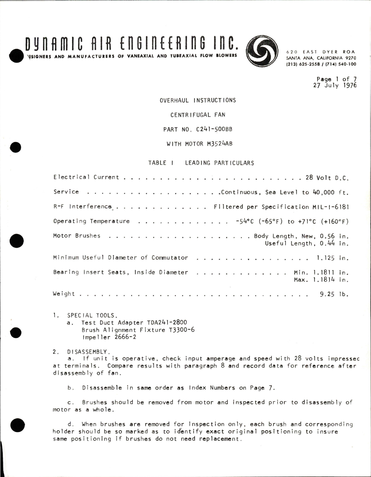 Sample page 1 from AirCorps Library document: Overhaul Instructions for Centrifugal Fan - Part C241-500BB - Motor M3524AB 