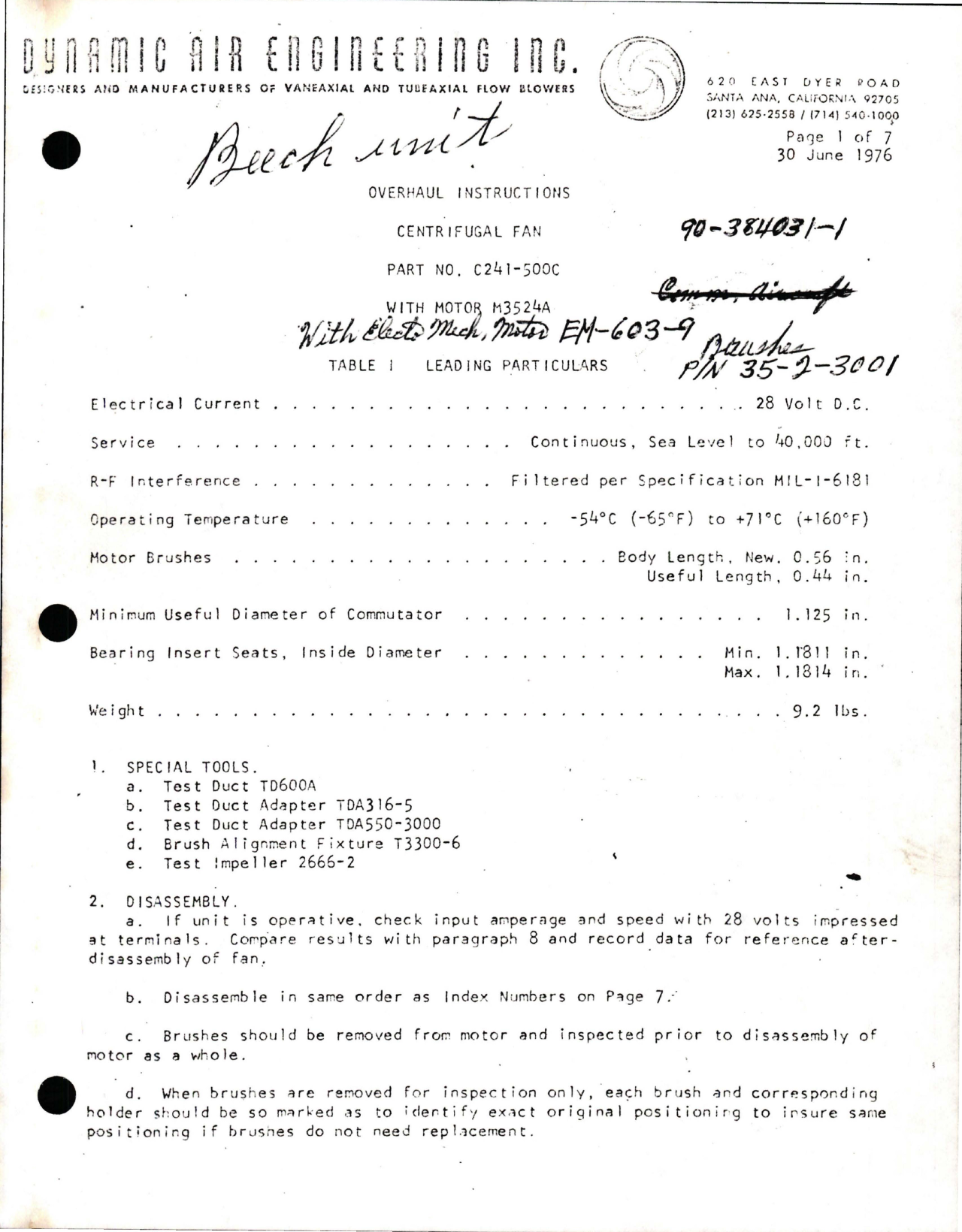 Sample page 1 from AirCorps Library document: Overhaul Instructions for Centrifugal Fan - Part C241-500C - Motor M3524A