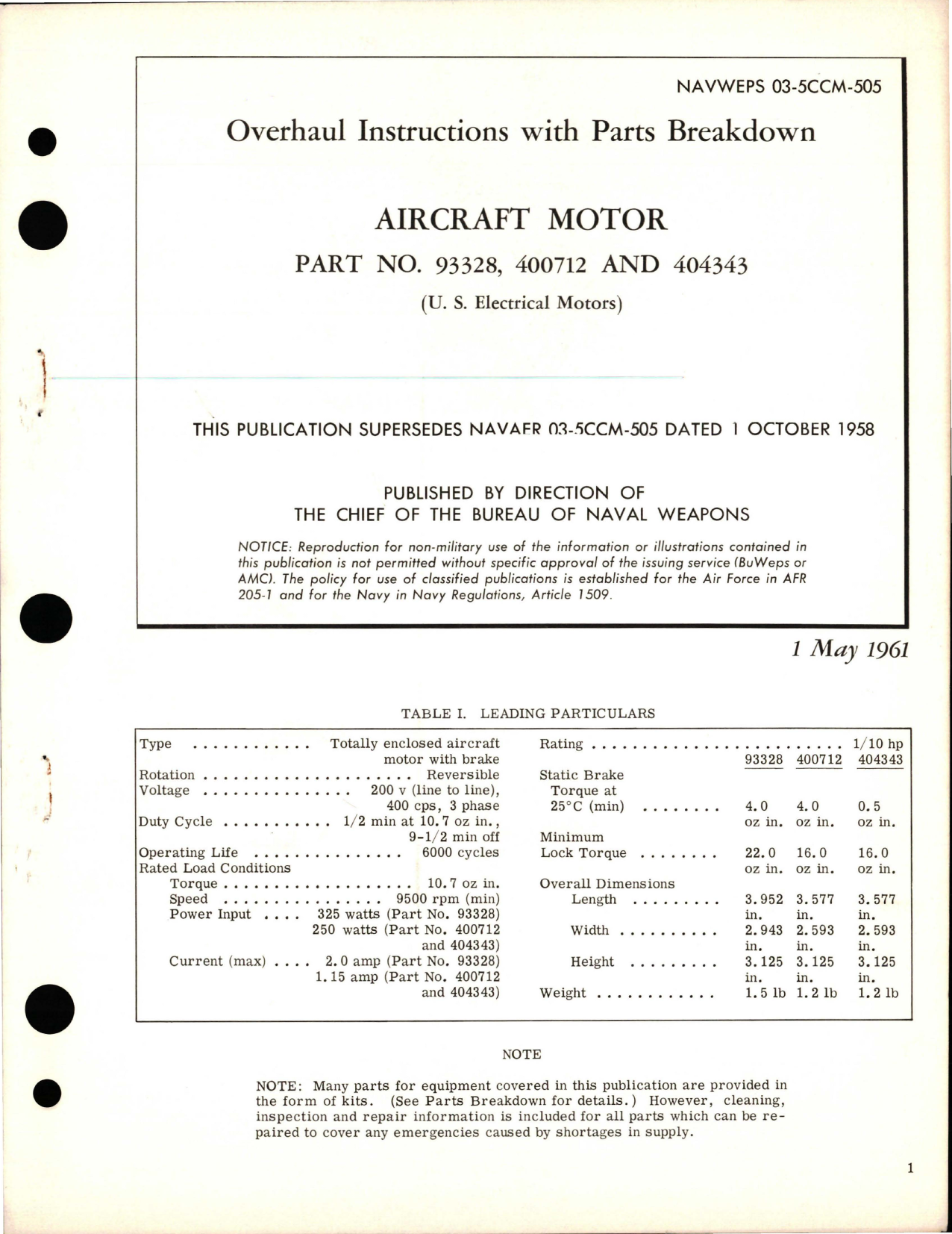 Sample page 1 from AirCorps Library document: Overhaul Instructions with Parts Breakdown for Aircraft Motors - Parts 93328, 400712, and 404343 