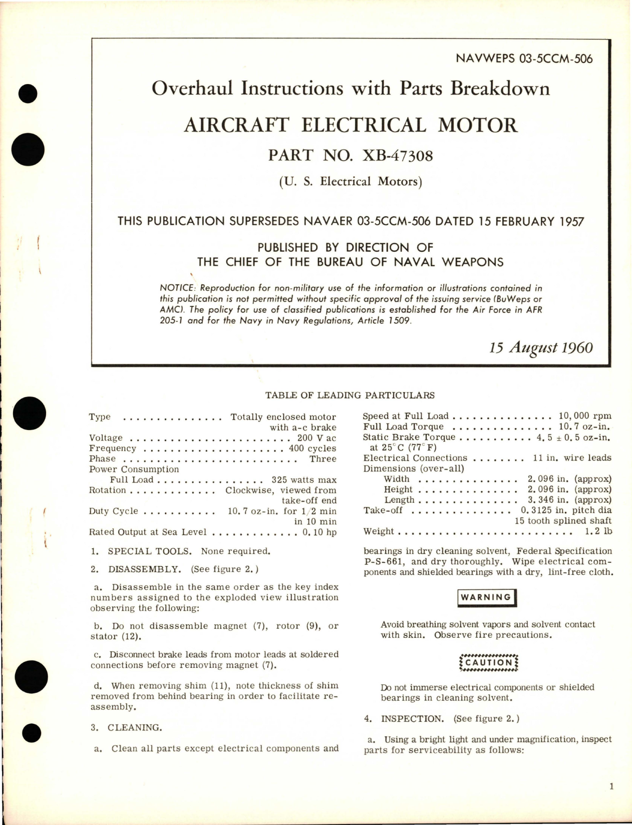 Sample page 1 from AirCorps Library document: Overhaul Instructions with Parts Breakdown for Electric Motor - Part XB-47308