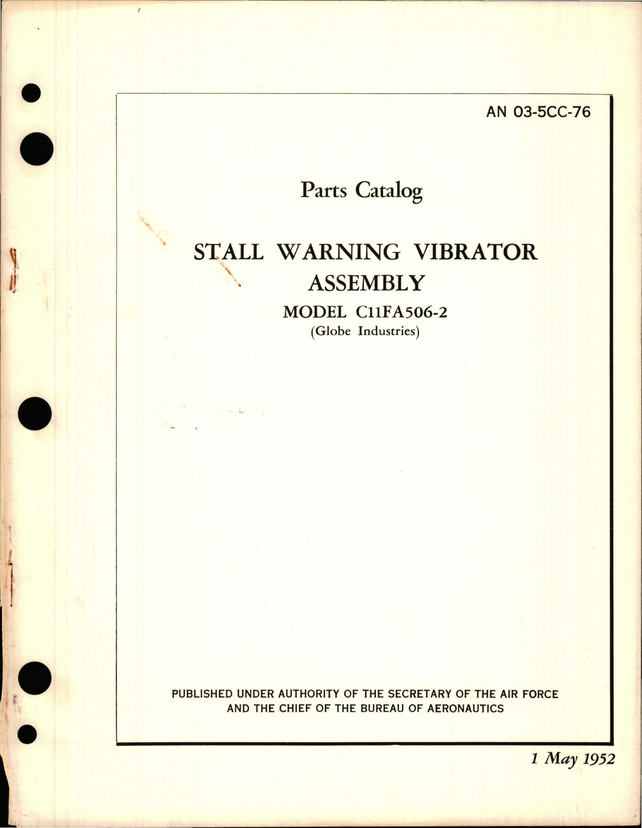 Sample page 1 from AirCorps Library document: Parts Catalog for Stall Warning Vibrator Assembly - Model C11FA506-2 