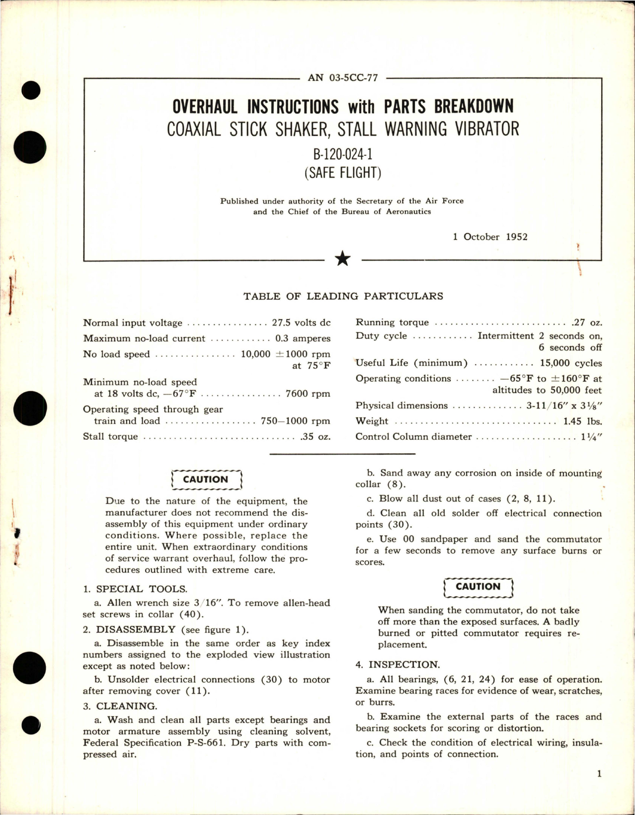 Sample page 1 from AirCorps Library document: Overhaul Instructions with Parts Breakdown for Stall Warning Vibrator - Coaxial Stick Shaker - B-120-024-1