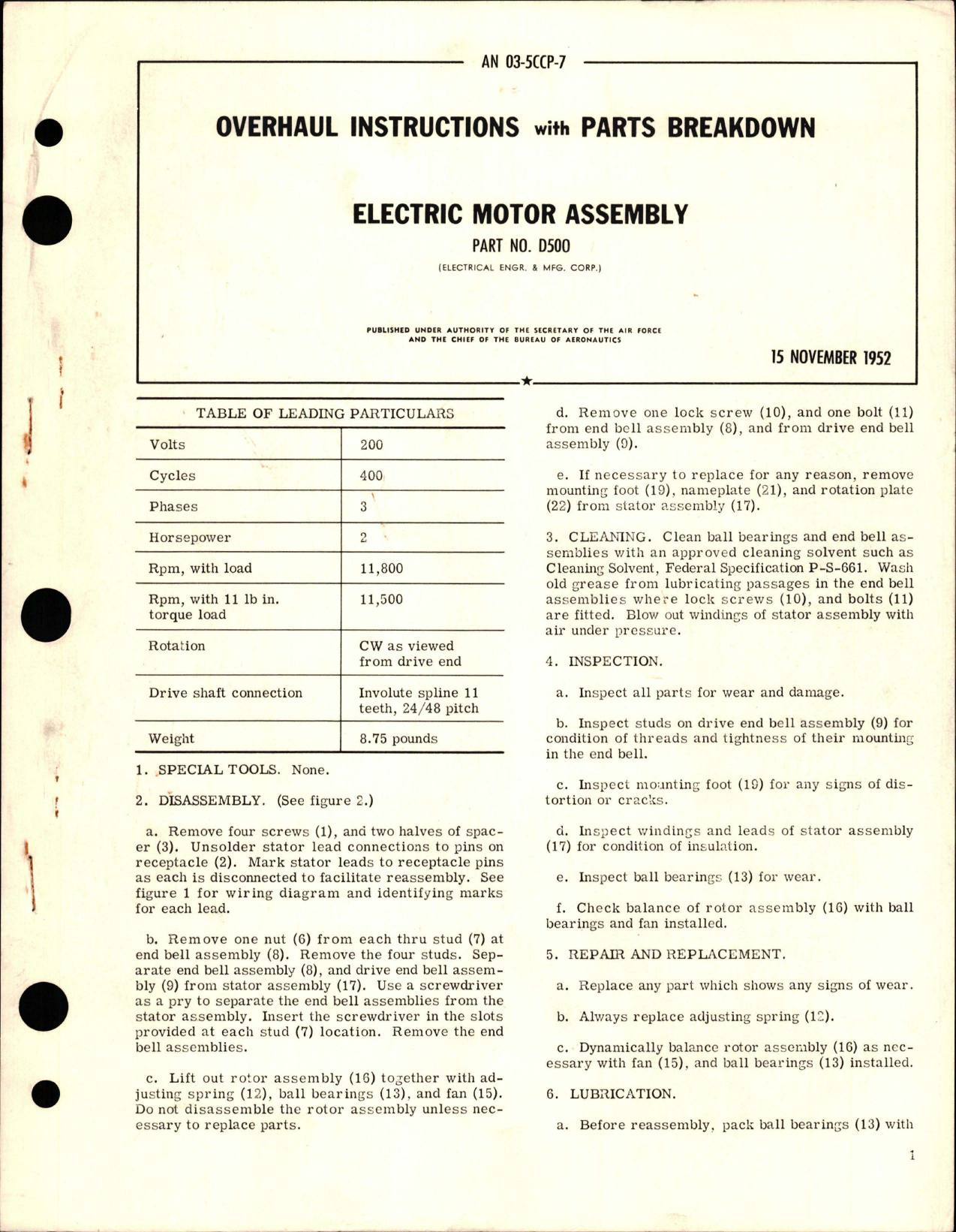 Sample page 1 from AirCorps Library document: Overhaul Instructions with Parts Breakdown for Electric Motor Assembly - Part D500 