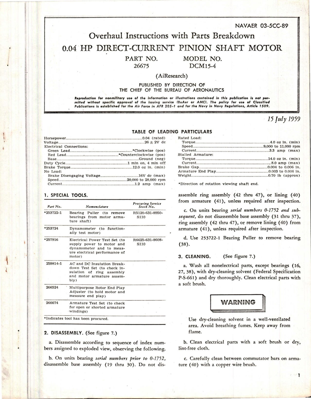 Sample page 1 from AirCorps Library document: Overhaul Instructions with Parts Breakdown for HP Direct Current Pinion Shaft Motor 0.04 - Part 26675 - Model DCM15-4