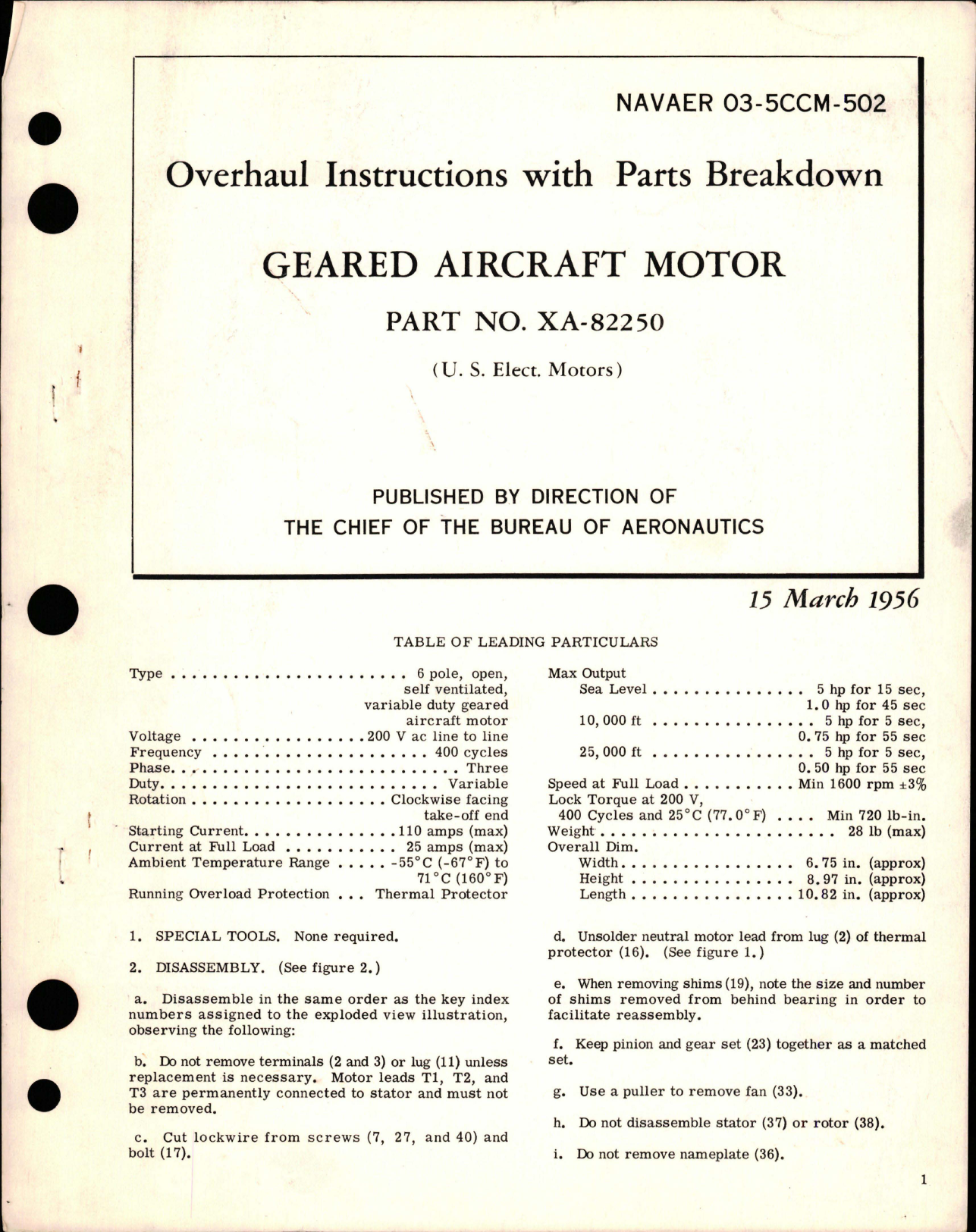 Sample page 1 from AirCorps Library document: Overhaul Instructions with Parts Breakdown for Geared Aircraft Motor - Part XA-82250 