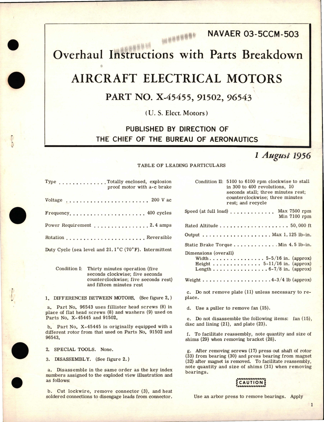 Sample page 1 from AirCorps Library document: Overhaul Instructions with Parts Breakdown for Electric Motors - Parts X-45455, 91502, and 96543