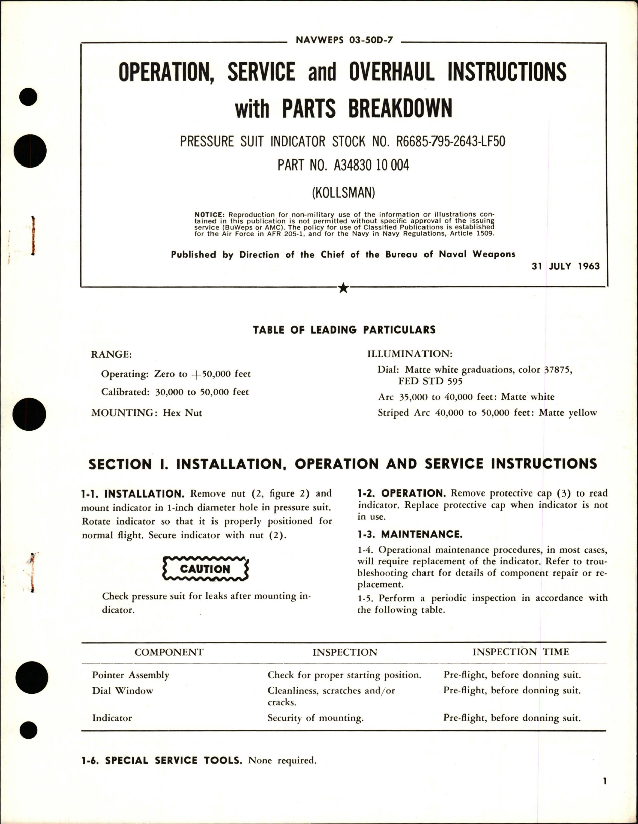 Sample page 1 from AirCorps Library document: Operation, Service and Overhaul Instructions with Parts Breakdown for Pressure Suit Indicator - Part A34830 10 004 