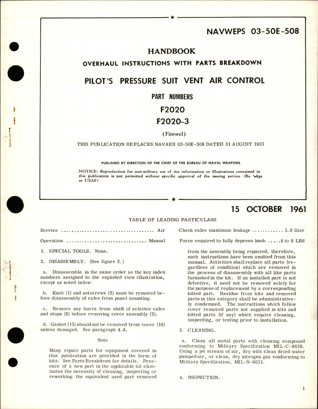 Sample page 1 from AirCorps Library document: Overhaul Instructions with Parts Breakdown for Pilot's Pressure Suit Vent Air Control - Parts F2020 and F2020-3