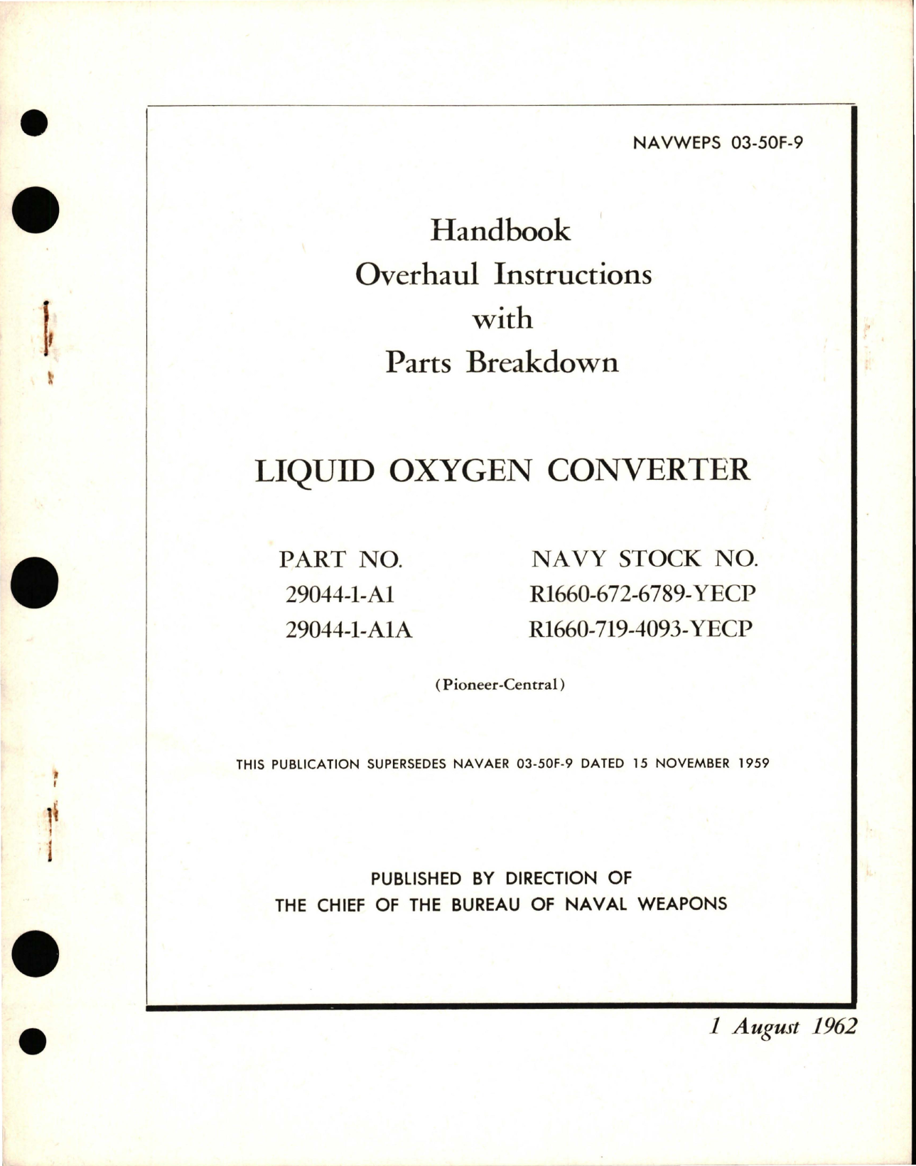 Sample page 1 from AirCorps Library document: Overhaul Instructions with Parts Breakdown for Liquid Oxygen Converter - Parts 29044-1-A1 and 29044-1-A1A 