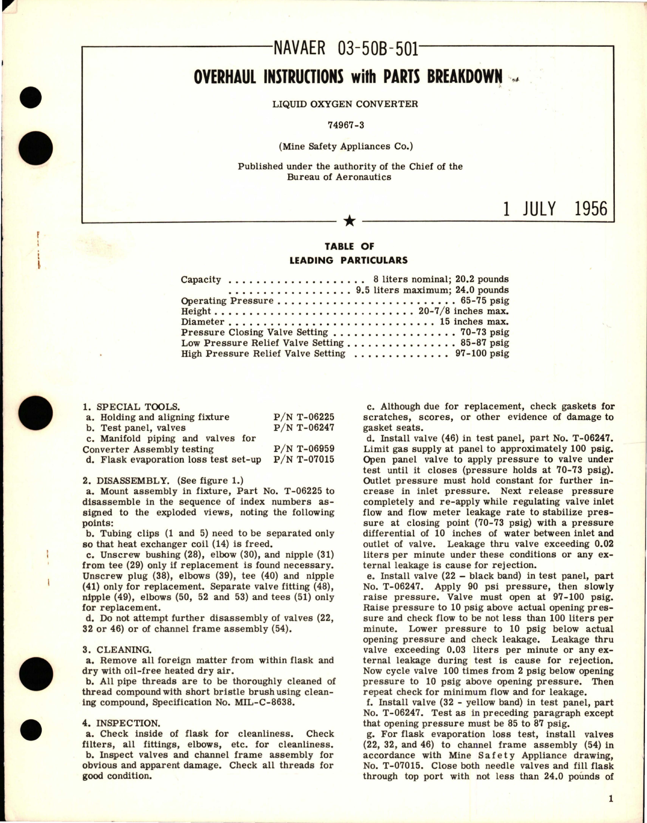 Sample page 1 from AirCorps Library document: Overhaul Instructions with Parts Breakdown for Liquid Oxygen Converter - 74967-3 
