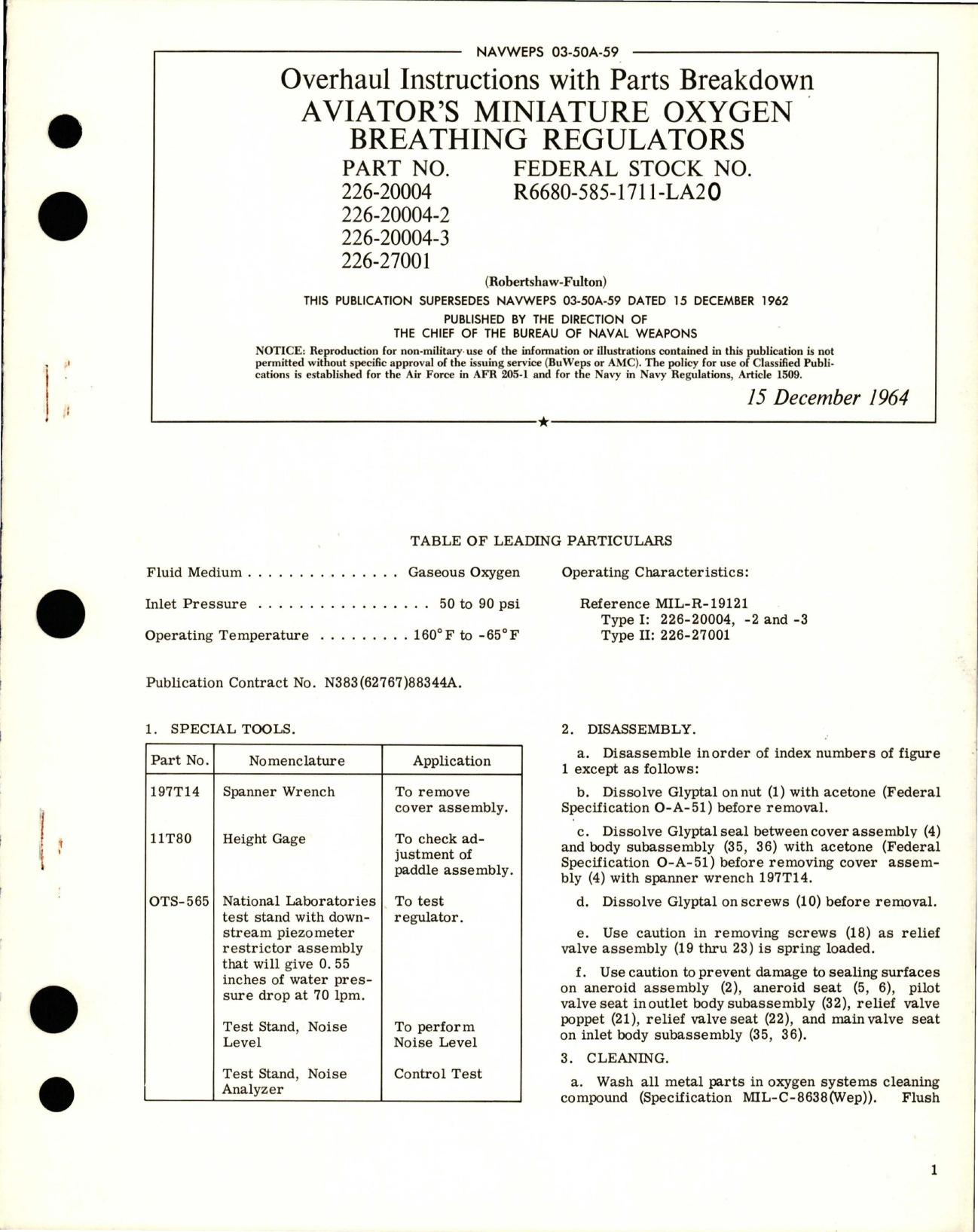 Sample page 1 from AirCorps Library document: Overhaul Instructions with Parts Breakdown for Aviator's Miniature Oxygen Breathing Regulators - Parts 226-2004, 226-2004-2, 226-2004-3, and 226-27001