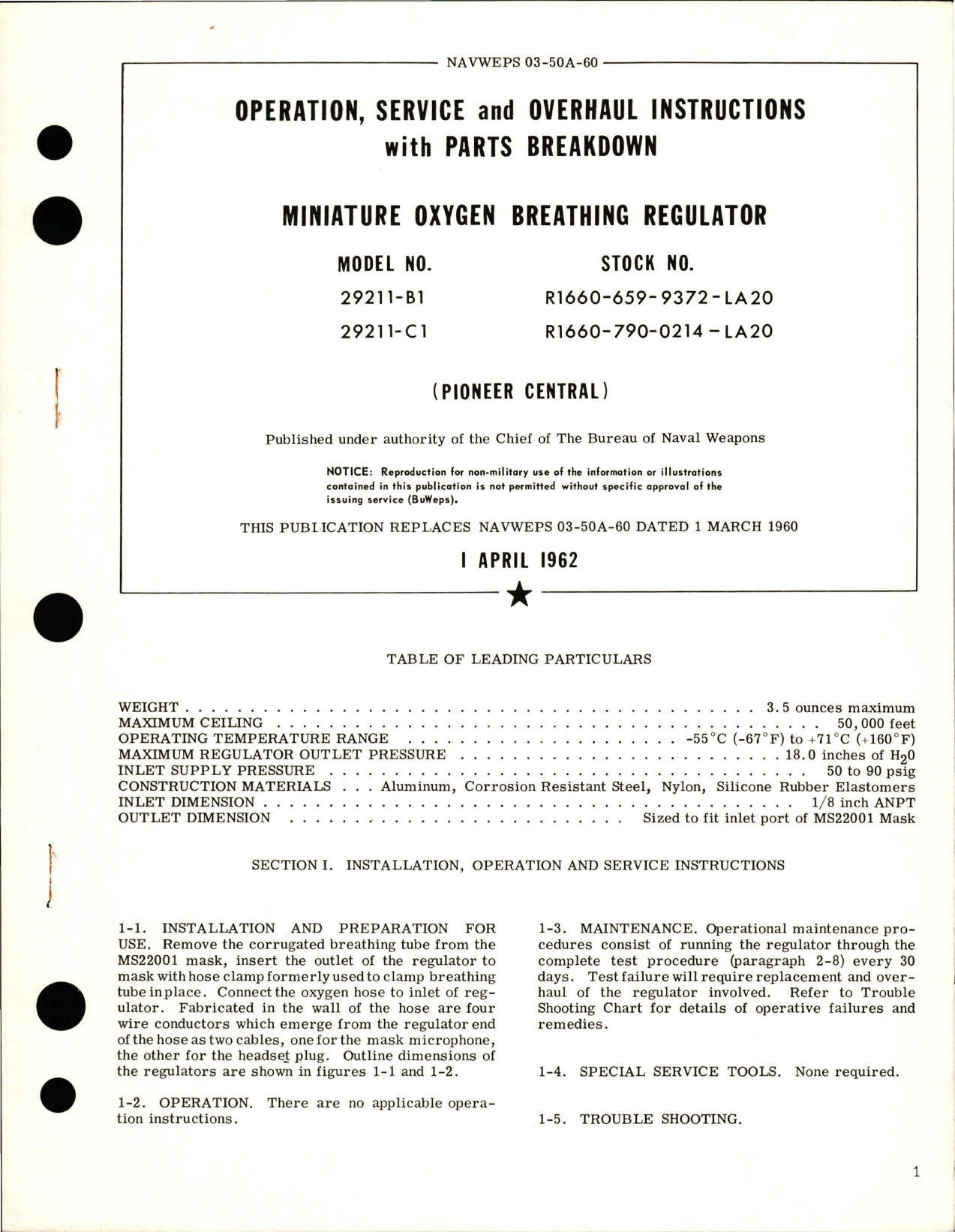 Sample page 1 from AirCorps Library document: Operation, Service, Overhaul Instructions, and Parts Breakdown for Miniature Oxygen Breathing Regulator - Models 29211-B1 and 29211-C1